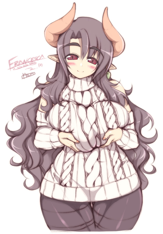mel/a, akatsuki francesca, original, 00s, 1girl, 2008, aran sweater, black hair, blush, breasts, brown hair, cable knit, curvy, demon girl, detached sleeves, dress, female focus, grabbing another's breast, groping, halterneck, hip focus, horns, huge breasts, large breasts, long hair, mature female, pantyhose, plump, pointy ears, red eyes, smile, solo, sweater, sweater dress, thighband pantyhose, wide hips