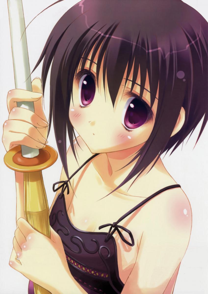 ryouka (suzuya), kawazoe tamaki, bamboo blade, highres, 00s, armor, purple eyes, purple hair, shinai, solo, sword, weapon