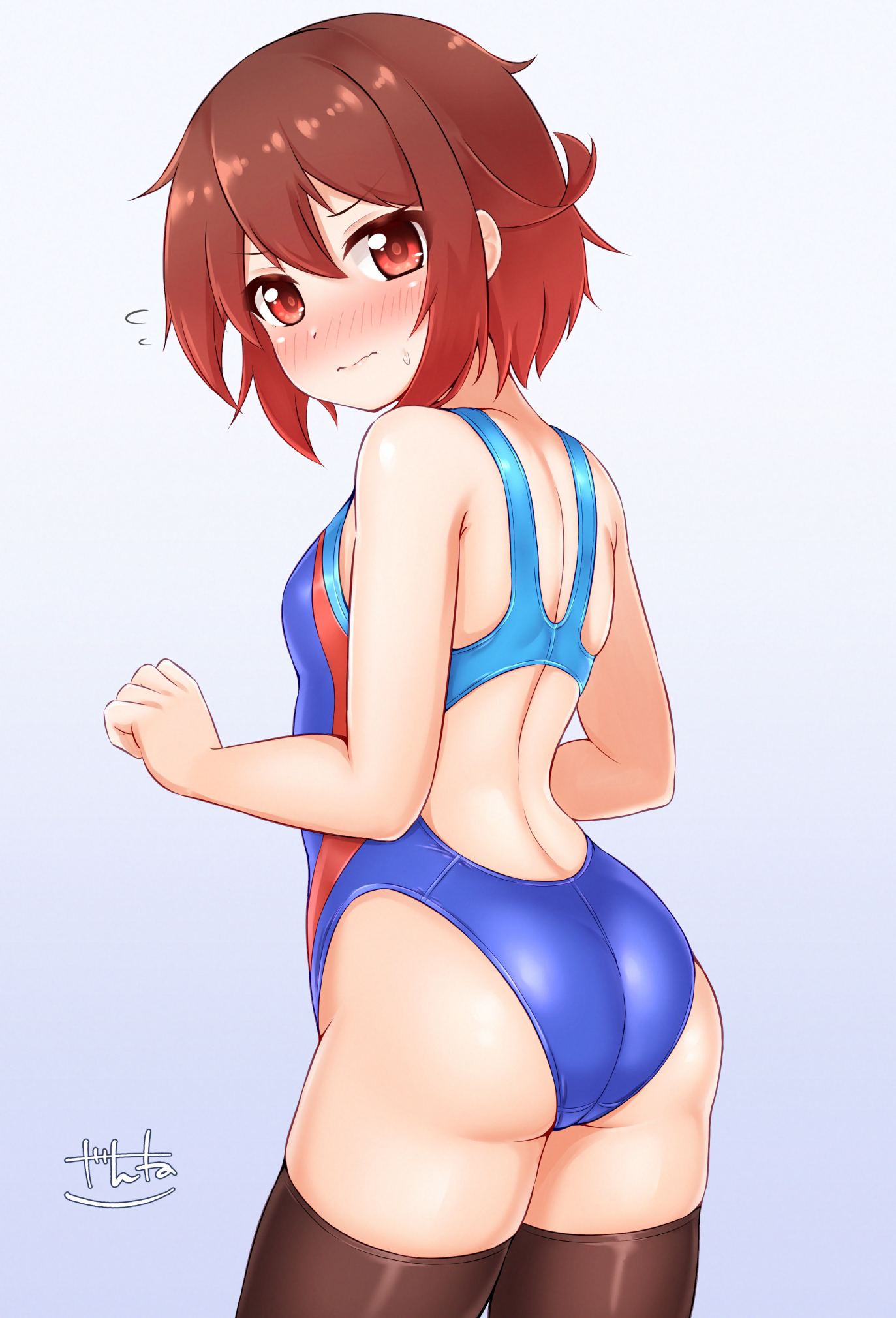 zanne, mutsuki (kancolle), kantai collection, highres, 1girl, artist logo, ass, black thighhighs, blue one-piece swimsuit, blush, brown hair, competition swimsuit, cowboy shot, from behind, gradient background, gradient hair, grey background, highleg, highleg one-piece swimsuit, logo, looking at viewer, looking back, multicolored hair, multicolored swimsuit, nose blush, one-piece swimsuit, racerback, red eyes, red hair, short hair, solo, swimsuit, thighhighs