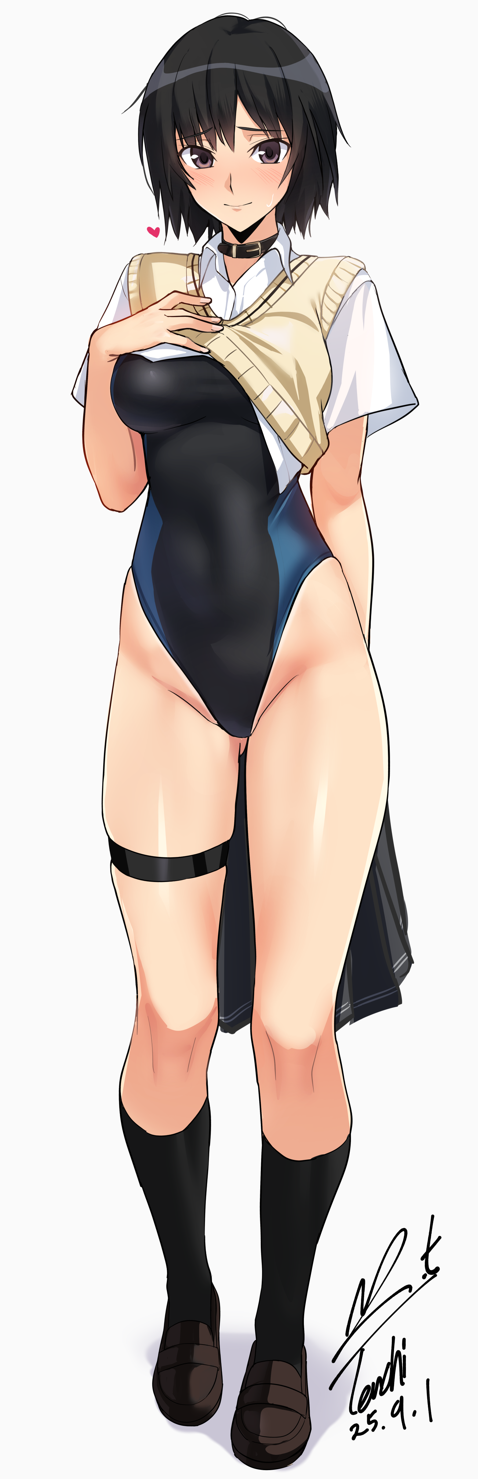 yoo tenchi, nanasaki ai, amagami, absurdres, highres, paid reward available, 1girl, arm behind back, artist name, bikini, bikini under clothes, black eyes, black hair, black one-piece swimsuit, black skirt, black socks, blue one-piece swimsuit, blush, bob cut, breasts, brown collar, closed mouth, clothes lift, collar, collared shirt, competition swimsuit, dated, full body, gluteal fold, heart, highleg, highleg one-piece swimsuit, holding, holding unworn clothes, holding unworn skirt, kibito high school uniform, large breasts, lifting own clothes, looking at viewer, one-piece swimsuit, school uniform, shirt, short hair, short sleeves, signature, simple background, skindentation, skirt, smile, socks, solo, standing, sweater vest, swimsuit, swimsuit under clothes, thigh strap, thighs, two-tone one-piece swimsuit, two-tone swimsuit, unworn skirt, white background, white shirt, yellow sweater vest