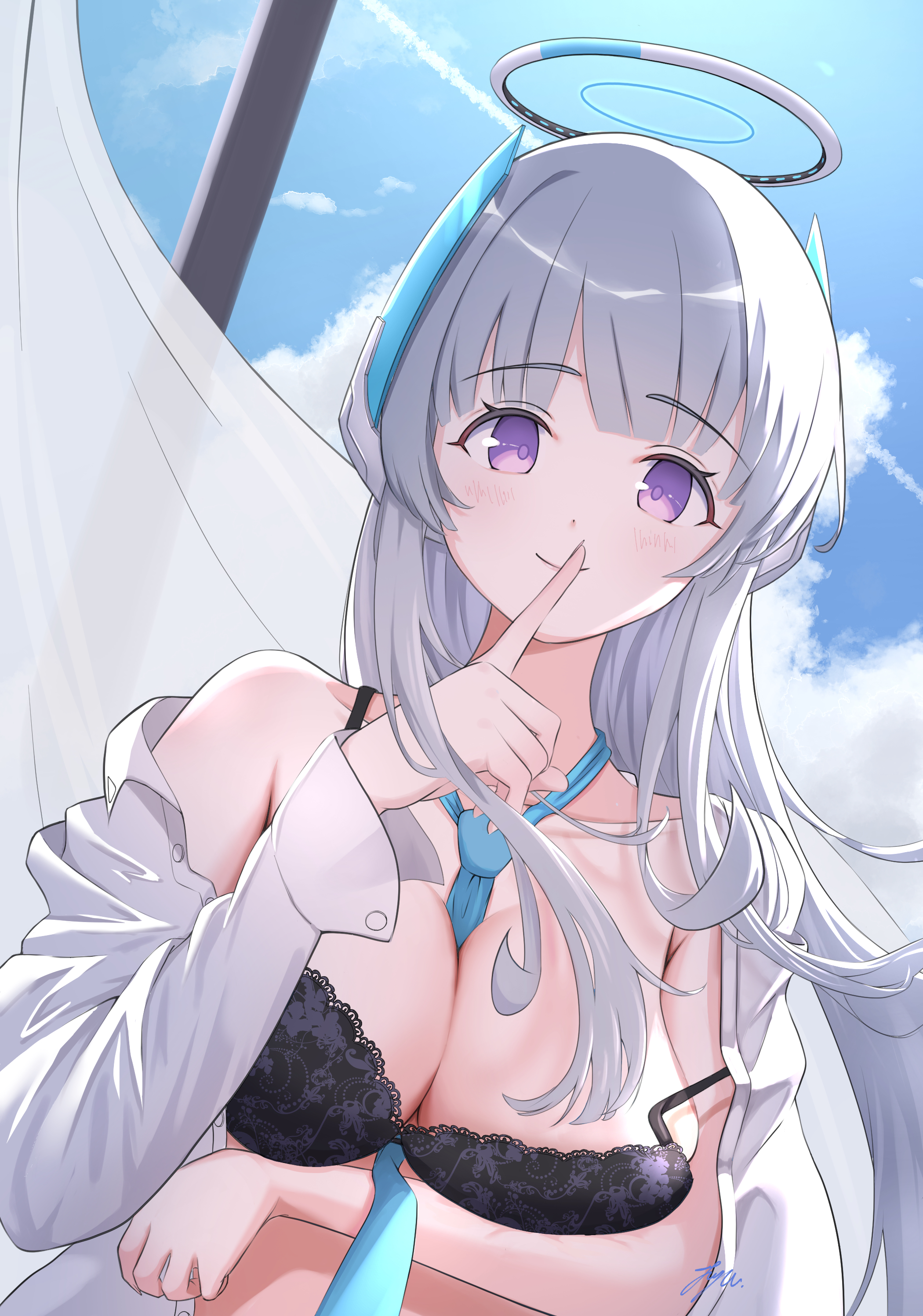 noa (blue archive), blue archive, absurdres, commentary, highres, 1girl, arm under breasts, armpit crease, between breasts, black bra, blue necktie, blue sky, blunt bangs, blush, bra, breasts, cleavage, closed mouth, cloud, collarbone, collared shirt, contrail, curtains, day, dutch angle, eyelashes, finger to mouth, floating hair, floral print bra, halo, hand up, headgear, index finger raised, indoors, lace, lace-trimmed bra, lace trim, large breasts, lingerie, long hair, long sleeves, mechanical halo, necktie, necktie between breasts, open clothes, open shirt, purple eyes, purple pupils, shirt, shushing, sidelighting, sidelocks, signature, single bare shoulder, sky, smile, solo, strap slip, tareme, twoarrow illust, underwear, upper body, very long hair, white hair, white halo, white shirt, window