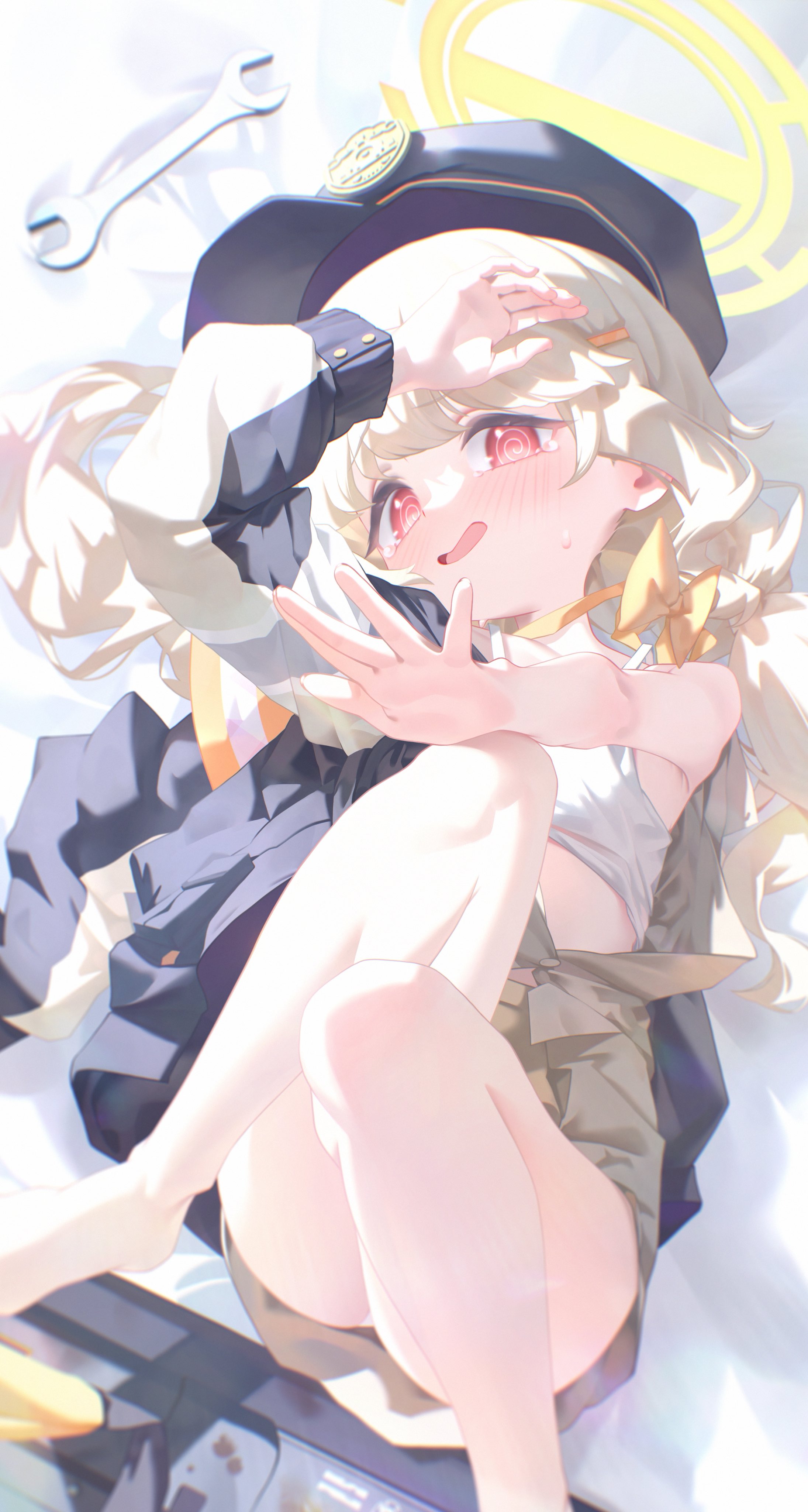 nagomi naka, aoba (blue archive), blue archive, absurdres, highres, 1girl, armband, blonde hair, blush, bow camisole, bra, camisole, hair ornament, halo, hat, jacket, light blush, long hair, long sleeves, looking at viewer, low twintails, lying, on back, open mouth, orange halo, panties, red eyes, solo, twintails, underwear, white bra, white camisole, wrench, yellow armband, yellow halo