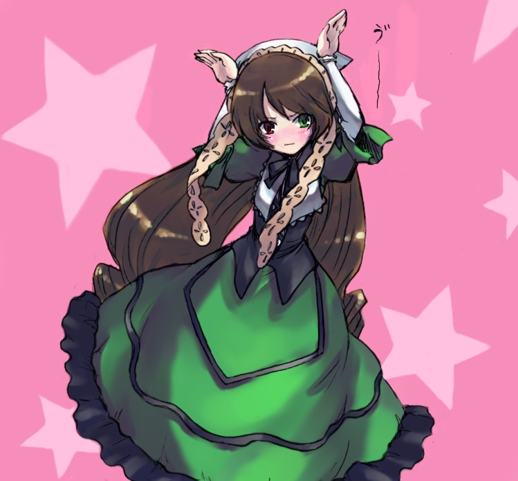 onimaru gonpei, suiseiseki, rozen maiden, 00s, blush, brown hair, caramelldansen, embarrassed, headscarf, heterochromia, long hair, solo, white headscarf