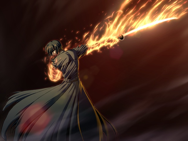 toma (asagayatei), osakabe katsumi, ayakashi, ayakashi h, game cg, 00s, 1boy, black hair, coat, fire, glasses, katana, magic, male focus, solo, sword, trench coat, weapon