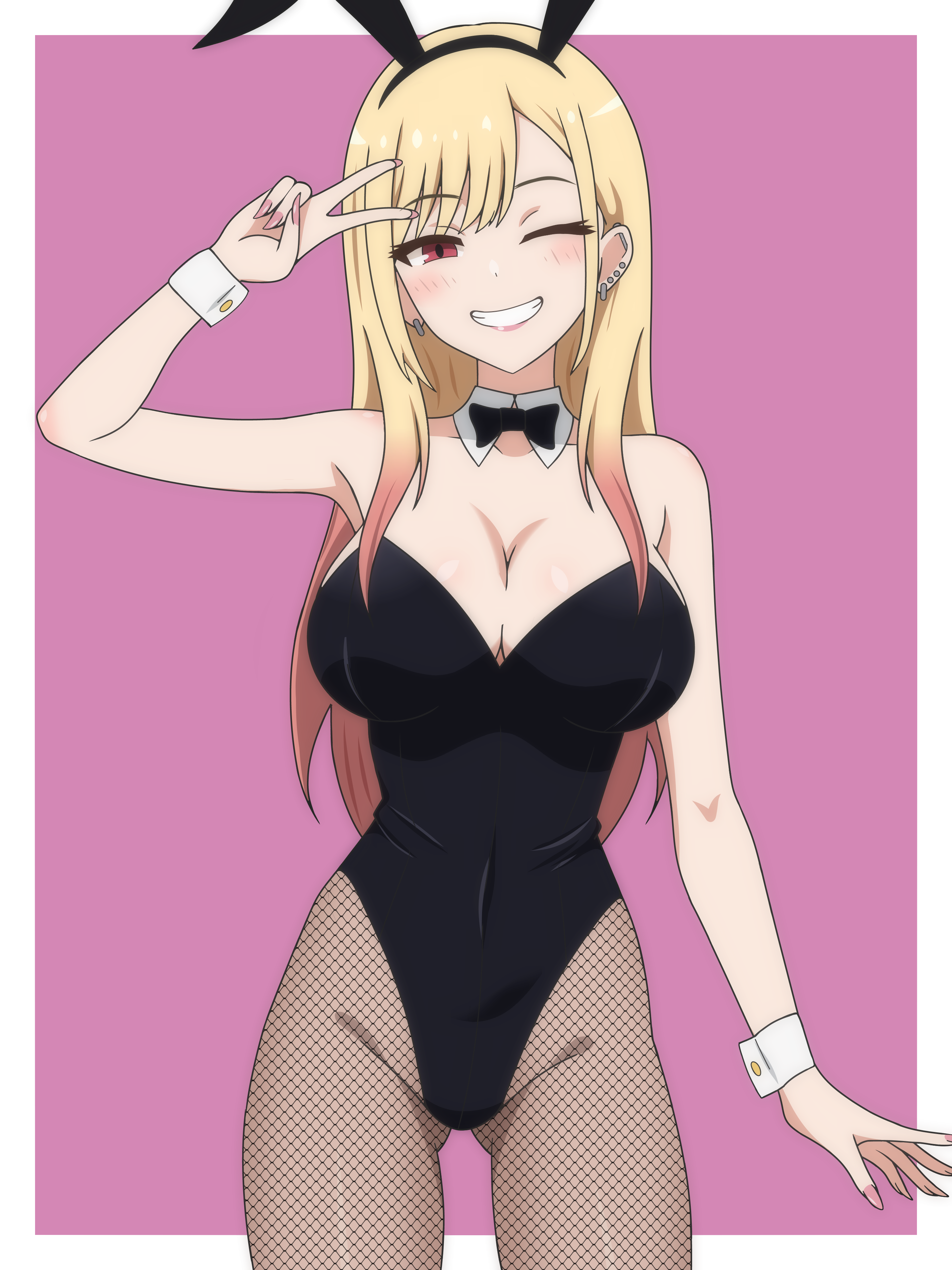 dani (angrymatthew), kitagawa marin, sono bisque doll wa koi wo suru, absurdres, commentary, english commentary, highres, 1girl, animal ear hairband, animal ears, black bow, black bowtie, black eyes, black leotard, blonde hair, bow, bowtie, breasts, detached collar, fake animal ears, fishnet pantyhose, fishnets, gluteal fold, grin, hairband, large breasts, leotard, long hair, pantyhose, playboy bunny, purple background, rabbit ears, red eyes, smile, solo, strapless, strapless leotard, two-tone background, v, wrist cuffs