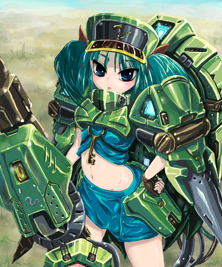 kabutoyama, kawashiro nitori, touhou, 1girl, armor, armored dress, blue eyes, blue hair, dress, female focus, hat, key, matching hair/eyes, midriff, navel, power armor, science fiction, solo, twintails, two side up