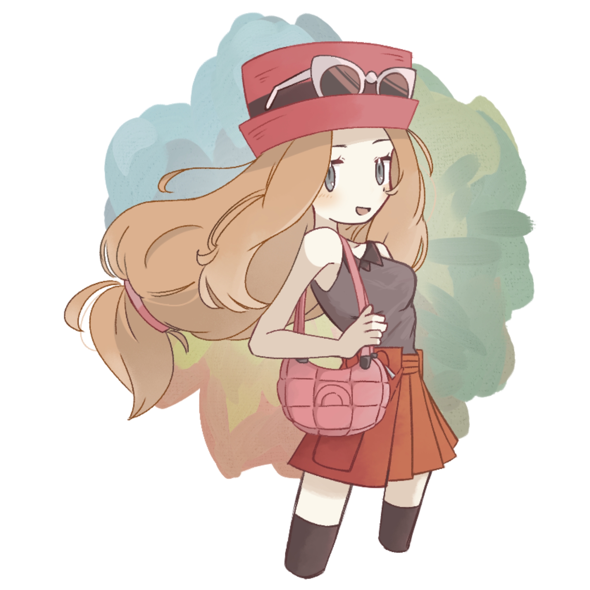 serena (pokemon), nintendo, pokemon, pokemon xy, commentary request, highres, 1girl, :d, blonde hair, breasts, eyewear on headwear, floating hair, grey eyes, happy, hat, long hair, low-tied long hair, open mouth, pink bag, pleated skirt, shirt, siosato 4213, skirt, sleeveless, sleeveless shirt, smile, solo, sunglasses, thighhighs
