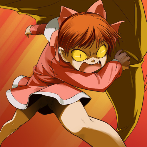 haruyama kazunori, nekomusume, gegege no kitarou, toei company, lowres, 1girl, angry, bow, fang, fangs, female focus, female pubic hair, hair ribbon, loli, no panties, open mouth, pink bow, pointy ears, pubic hair, pussy, ribbon, short hair, solo, yellow eyes