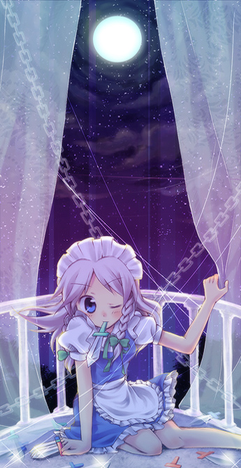 kuguri oimo, izayoi sakuya, touhou, silver hair, 1girl, between fingers, braid, female focus, holding, knife, moon, mouth hold, short hair, solo, throwing knife, twin braids, weapon