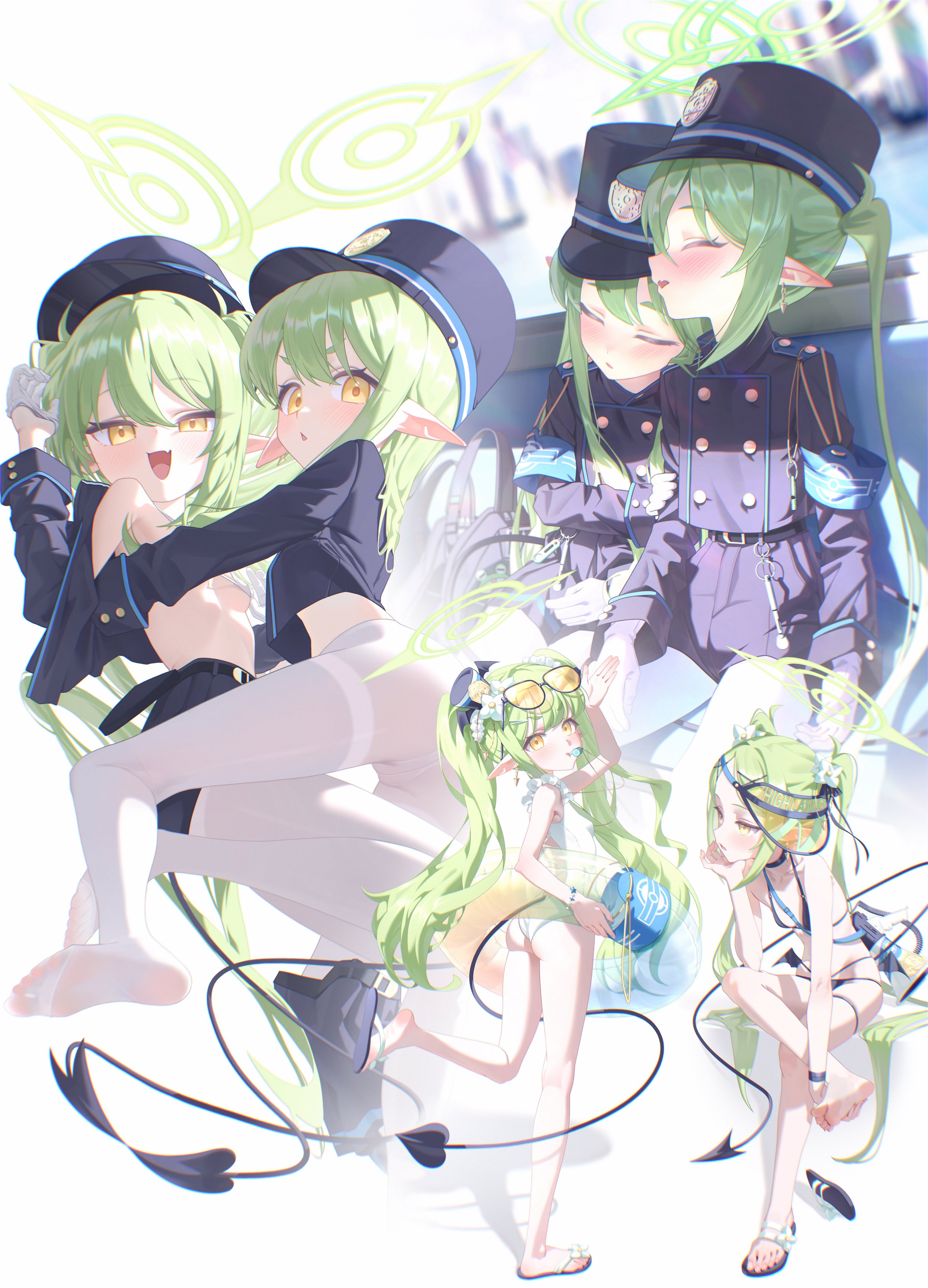 nagomi naka, nozomi (blue archive), blue archive, absurdres, highres, 2girls, armband, ass, ball, beachball, bikini, blush, breasts, closed eyes, demon tail, eyewear on head, feet, gloves, green hair, green halo, halo, hat, jacket, legs, long hair, looking at viewer, multiple girls, multiple views, open mouth, pantyhose, pointy ears, sandals, siblings, sisters, small breasts, smile, soles, sunglasses, swimsuit, tail, toes, twins, white pantyhose, yellow eyes