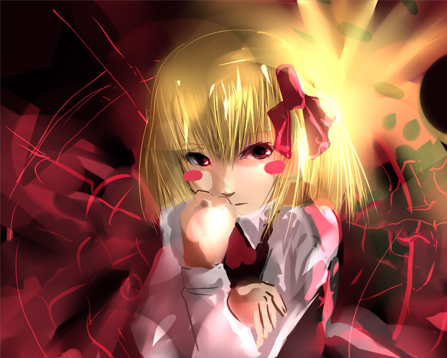 aojiru (shiro to kuro no mukyou), aoziru, rumia, embodiment of scarlet devil, touhou, 1girl, blonde hair, female focus, hair ribbon, necktie, red eyes, ribbon, short hair, solo