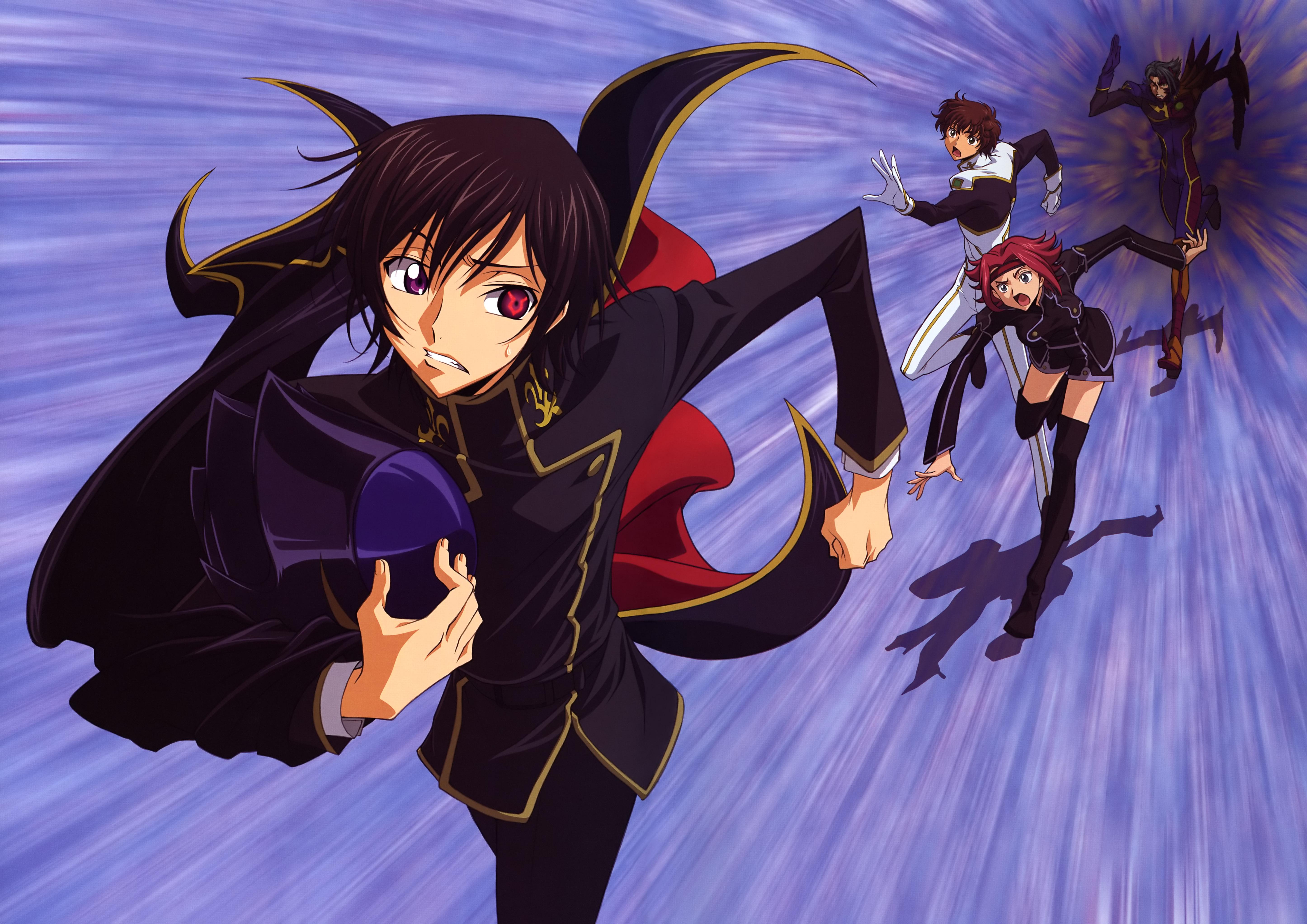 jeremiah gottwald, kouzuki kallen, kururugi suzaku, lelouch vi britannia, code geass, absurdres, highres, scan, 00s, 1girl, 3boys, multiple boys, order of the black knights uniform, thighhighs