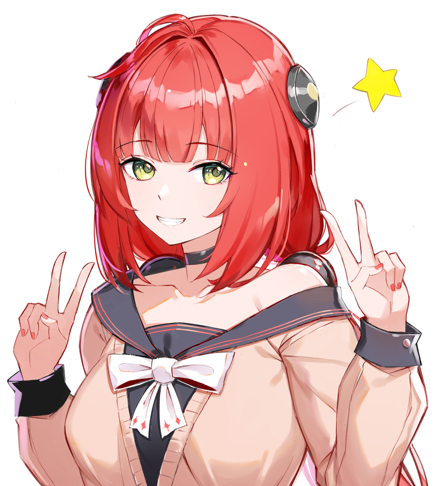 rikoma, ukinami yuzuha, zenless zone zero, commentary request, highres, revision, 1girl, bare shoulders, black choker, black sailor collar, black shirt, blush, bow, breasts, brown cardigan, cardigan, choker, collarbone, double v, green eyes, grin, hair intakes, hands up, long hair, long sleeves, looking at viewer, low twintails, medium breasts, nail polish, off shoulder, puffy long sleeves, puffy sleeves, red hair, red nails, sailor collar, school uniform, serafuku, shirt, simple background, smile, solo, star (symbol), twintails, upper body, v, white background, white bow