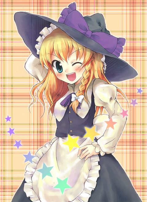 kuguri oimo, kirisame marisa, touhou, eyebrows, 1girl, ;d, apron, arm up, black hat, black skirt, black vest, blonde hair, blue eyes, bow, braid, female focus, frilled apron, frills, hair between eyes, hair bow, hand on own hip, hat, hat bow, long hair, long sleeves, looking at viewer, neck ribbon, one eye closed, open mouth, plaid background, puffy long sleeves, puffy sleeves, purple bow, purple ribbon, ribbon, shirt, skirt, smile, solo, star (symbol), vest, waist apron, white apron, white bow, white shirt, witch hat