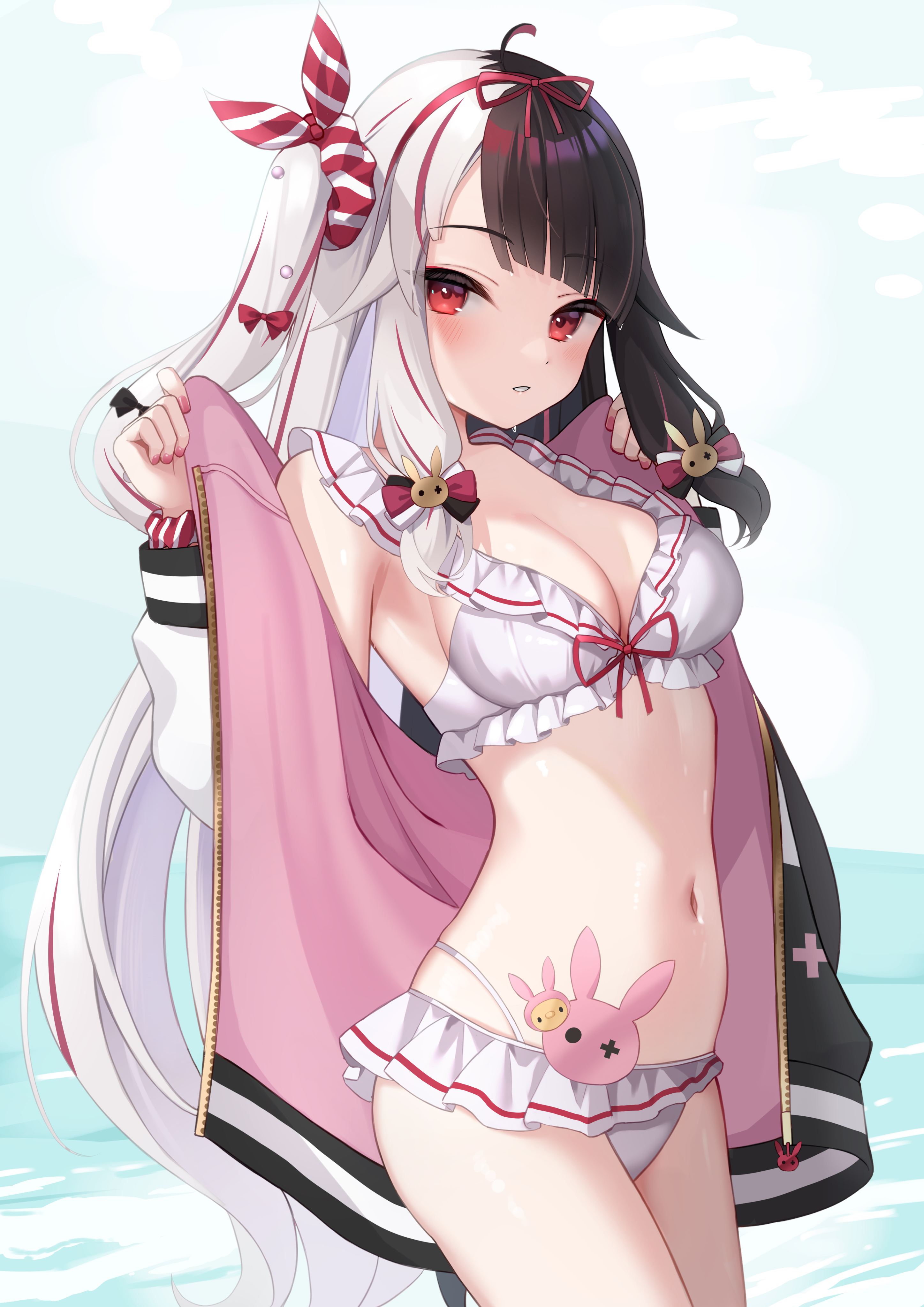 shin insh, yorumi rena, yorumi rena (7th costume), nijisanji, absurdres, commentary request, highres, 1girl, ahoge, beads, bikini, black bow, black hair, blue sky, blunt bangs, blush, bow, bow hairband, breasts, cleavage, cloud, cowboy shot, day, frilled bikini, frills, from side, hair beads, hair bow, hair ornament, hair ribbon, hair scrunchie, hairband, hands up, highleg, highleg bikini, horizon, jacket, letterman jacket, long hair, looking at viewer, looking to the side, medium breasts, multicolored hair, nail polish, narrow waist, navel, ocean, off shoulder, official alternate costume, one side up, open clothes, open jacket, outdoors, parted bangs, parted lips, plus sign, rabbit hair ornament, rabbit ornament, red bow, red eyes, red hair, red hairband, red nails, red scrunchie, removing jacket, ribbon, scrunchie, shiny skin, sideboob, sidelocks, sky, smile, split-color hair, standing, streaked hair, striped clothes, striped scrunchie, swimsuit, thighs, two-sided fabric, two-sided jacket, unzipped, very long hair, virtual youtuber, water, white bikini, white hair, white jacket, white scrunchie, wrist scrunchie, zipper, zipper pull tab