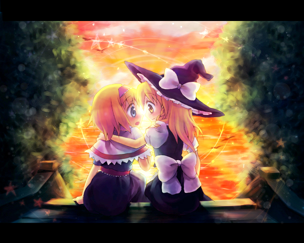kuguri oimo, alice margatroid, kirisame marisa, touhou, 2girls, arm on another's shoulder, blonde hair, blue dress, blue eyes, blush, bow, capelet, cloud, dress, eye contact, female focus, from behind, hat, hat bow, hug, long hair, looking at another, multiple girls, nose blush, open mouth, outdoors, sash, sitting, sky, smile, star (symbol), sunset, tree, witch, witch hat, yellow eyes