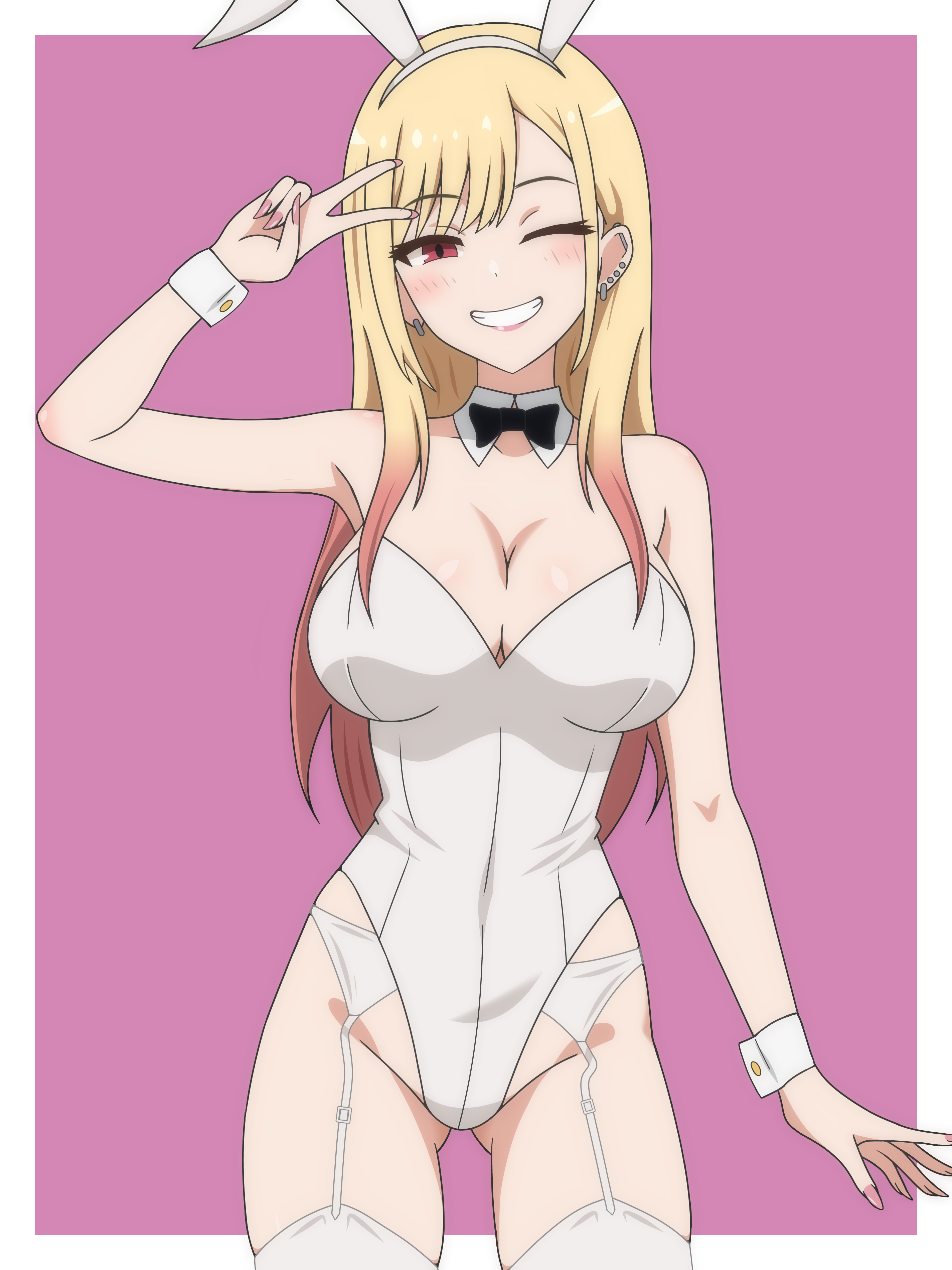 dani (angrymatthew), kitagawa marin, sono bisque doll wa koi wo suru, absurdres, commentary, english commentary, highres, 1girl, animal ear hairband, animal ears, black bow, black bowtie, black eyes, blonde hair, bow, bowtie, breasts, detached collar, fake animal ears, garter belt, garter straps, gluteal fold, grin, hairband, large breasts, leotard, long hair, playboy bunny, purple background, rabbit ears, red eyes, smile, solo, strapless, strapless leotard, thighhighs, two-tone background, v, white leotard, white thighhighs, wrist cuffs