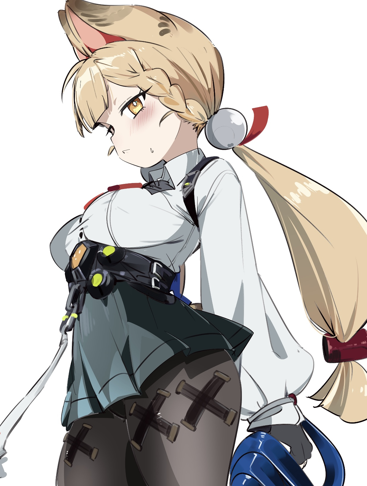 ocha (popopogg), alice thymefield, zenless zone zero, commentary, highres, 1girl, :<, animal ears, black gloves, black pantyhose, blonde hair, breasts, cowboy shot, fingerless gloves, gloves, green skirt, hair ornament, holding, long hair, long sleeves, looking at viewer, low twintails, pantyhose, rabbit ears, rabbit girl, shirt, simple background, skirt, solo, sphere hair ornament, twintails, white background, white shirt, yellow eyes