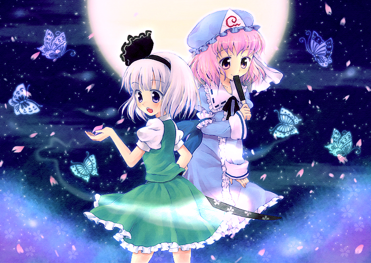 kuguri oimo, konpaku youmu, konpaku youmu (ghost), saigyouji yuyuko, touhou, 2girls, bug, butterfly, female focus, hat, hitodama, insect, multiple girls