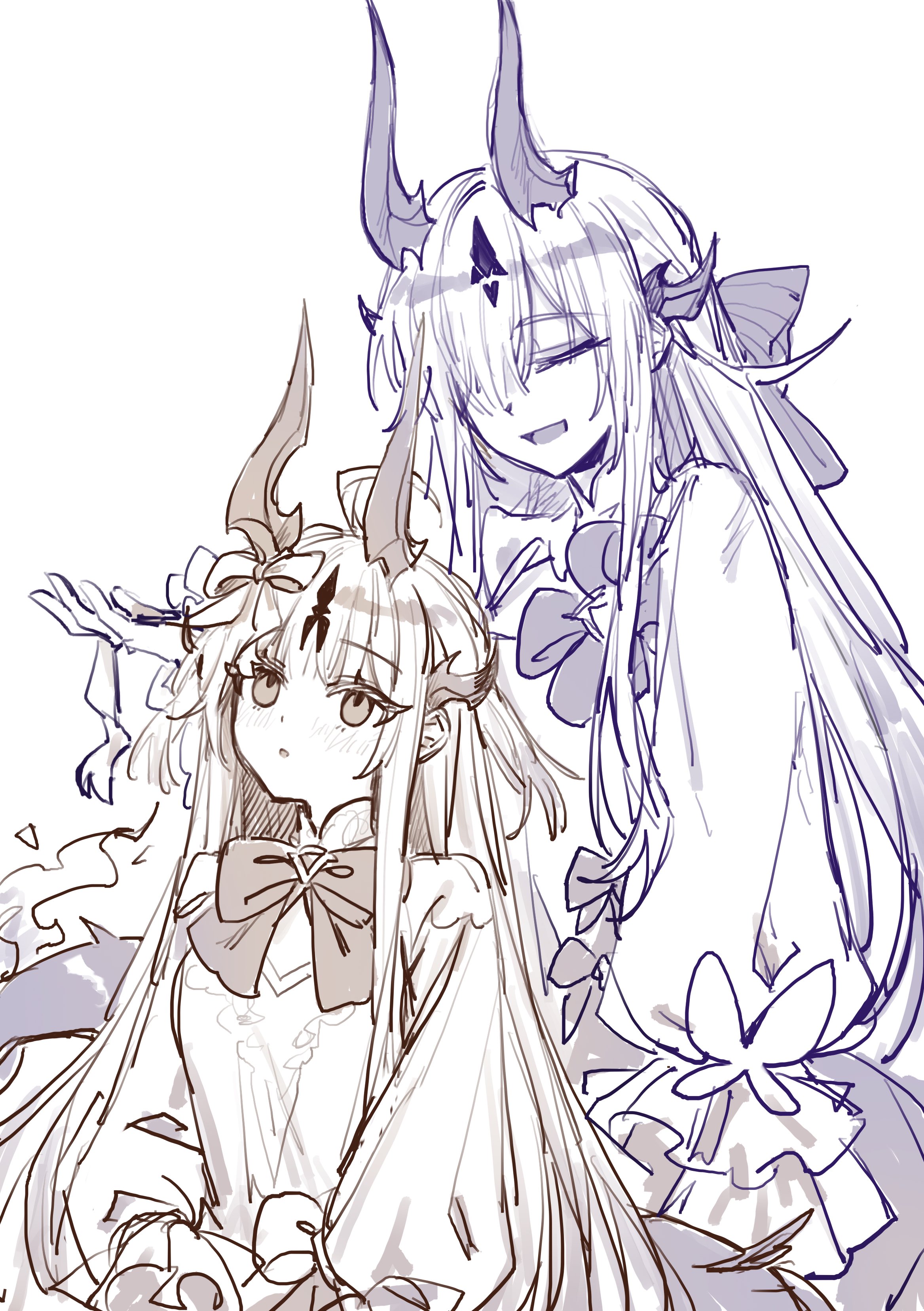 caecla, necrass (arknights), reed (arknights), arknights, absurdres, commentary request, highres, 2girls, :o, bow, bowtie, breasts, closed eyes, dragon horns, dress, hair between eyes, hair bow, hair over one eye, horn bow, horn ornament, horns, light blush, long hair, long sleeves, looking up, multiple girls, open mouth, puffy sleeves, siblings, sidelocks, simple background, sisters, sketch, small breasts, upper body, very long hair, white background