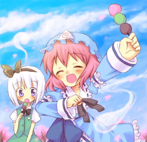 kuguri oimo, konpaku youmu, konpaku youmu (ghost), saigyouji yuyuko, touhou, lowres, 2girls, female focus, hat, hitodama, multiple girls