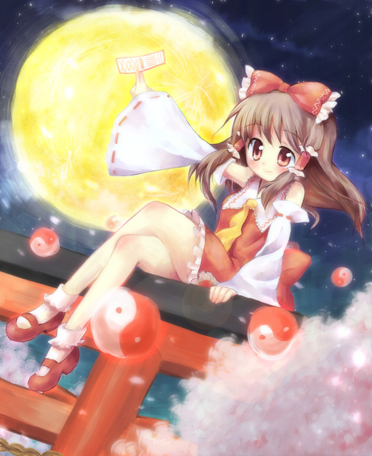 kuguri oimo, hakurei reimu, touhou, 1girl, brown hair, detached sleeves, female focus, full body, japanese clothes, long hair, miko, moon, nature, outdoors, plant, sky, solo, torii