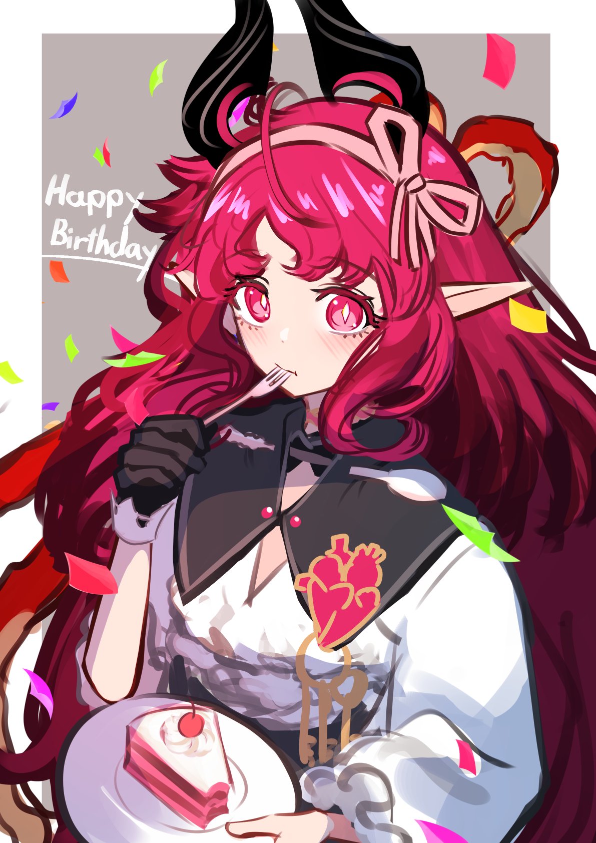 nikaidou tetsuo, nymph (arknights), nymph (sweetness to the heart) (arknights), arknights, highres, 1girl, birthday cake, black gloves, blush, bright pupils, cake, cake slice, closed mouth, clothing cutout, confetti, diamond-shaped pupils, diamond (shape), dress, english text, expressionless, food, fork, gloves, hair ribbon, hand up, happy birthday, heart, holding, holding fork, holding plate, long hair, long sleeves, looking at viewer, official alternate costume, pink eyes, pink hair, plate, pointy ears, ribbon, single glove, solo, symbol-shaped pupils, upper body, very long hair, white dress