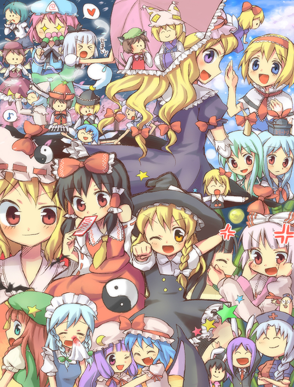 kuguri oimo, alice margatroid, chen, cirno, ex-keine, flandre scarlet, fujiwara no mokou, hakurei reimu, hong meiling, houraisan kaguya, inaba tewi, izayoi sakuya, kamishirasawa keine, konpaku youmu, konpaku youmu (ghost), letty whiterock, lunasa prismriver, lyrica prismriver, merlin prismriver, mystia lorelei, patchouli knowledge, reisen udongein inaba, remilia scarlet, rumia, saigyouji yuyuko, shanghai doll, wriggle nightbug, yagokoro eirin, yakumo ran, yakumo yukari, touhou, silver hair, > <, + +, 6+girls, angry, animal ears, antennae, black hair, blonde hair, blood, blue eyes, blue hair, bow, braid, brown hair, carrot, cat ears, cat girl, cat tail, closed eyes, crescent, detached sleeves, doll, everyone, fairy wings, female focus, food, fox tail, full moon, ghost, green eyes, green hair, hair bow, hairband, hat, heart, hitodama, horns, ice, instrument, japanese clothes, keyboard (instrument), moon, multiple girls, multiple tails, nosebleed, ofuda, open mouth, pink hair, purple eyes, purple hair, rabbit ears, red eyes, red hair, ribbon, smile, star (symbol), sweatdrop, tail, trumpet, umbrella, wings, yin yang