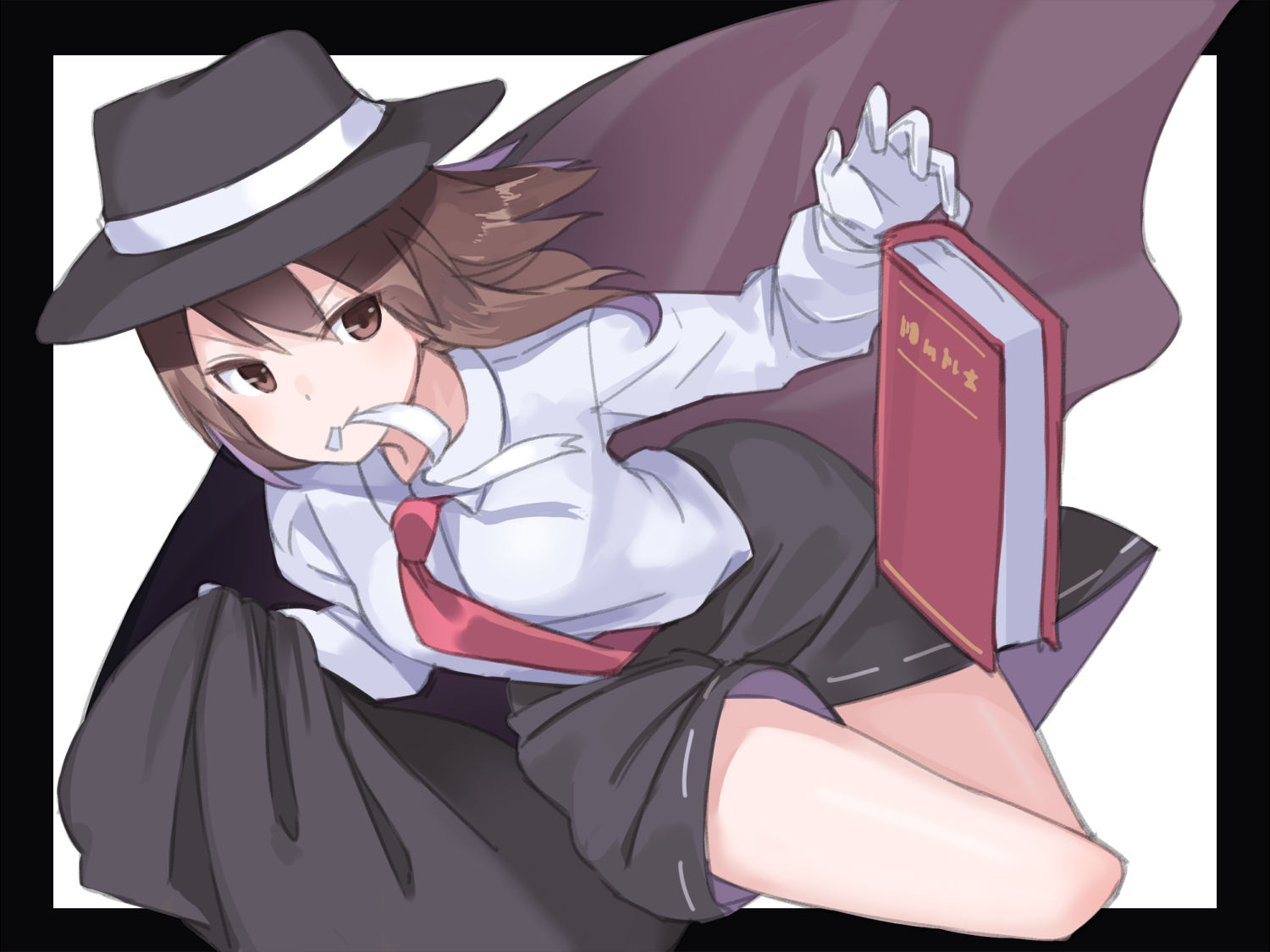 usuaji, usami renko, touhou, black skirt, book, brown eyes, brown hair, cape, fedora, hat, holding, necktie, shirt, skirt, solo, white shirt