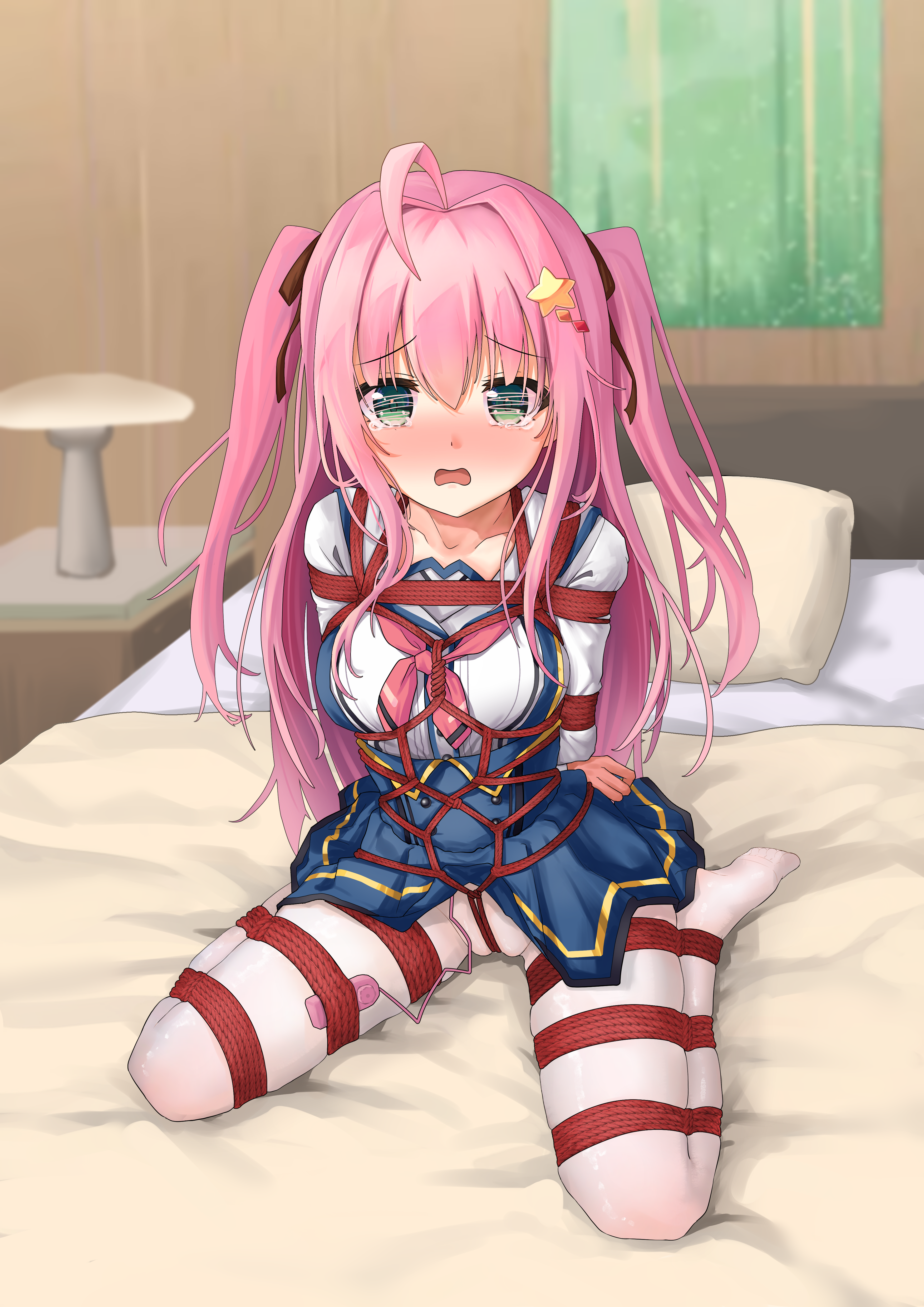 yato kukuru, select oblige, absurdres, chinese commentary, commentary request, commission, highres, variant set, >:(, 1girl, adapted costume, ahoge, arms behind back, bdsm, black ribbon, blue skirt, blush, bondage, bound, bound arms, bound legs, bound torso, breasts, buttons, cameltoe, closed mouth, clothes lift, crotch rope, double-breasted, embarrassed, frown, full body, green eyes, hair between eyes, hair intakes, hair ornament, hair ribbon, high-waist skirt, indoors, large breasts, long hair, long sleeves, looking at viewer, neckerchief, no shoes, nose blush, on bed, pantyhose, pink hair, pink neckerchief, red rope, ribbon, rope, school uniform, sex toy, shibari, shibari over clothes, shirt, sidelocks, sitting, skindentation, skirt, skirt lift, solo, split mouth, star (symbol), star hair ornament, straight hair, suspender skirt, suspenders, tearing up, tears, thighs, two side up, v-shaped eyebrows, very long hair, vibrator, vibrator cord, vibrator under clothes, wariza, white pantyhose, white shirt, yzeric
