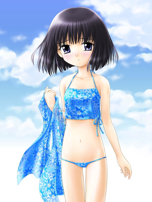 tomoe hotaru, bishoujo senshi sailor moon, 1990s (style), 1girl, bikini, black hair, blue bikini, blue eyes, blush, bob cut, cloud, day, female focus, loli, lowleg, lowleg bikini, retro artstyle, sarong, sky, solo, swimsuit, tankini, unworn sarong