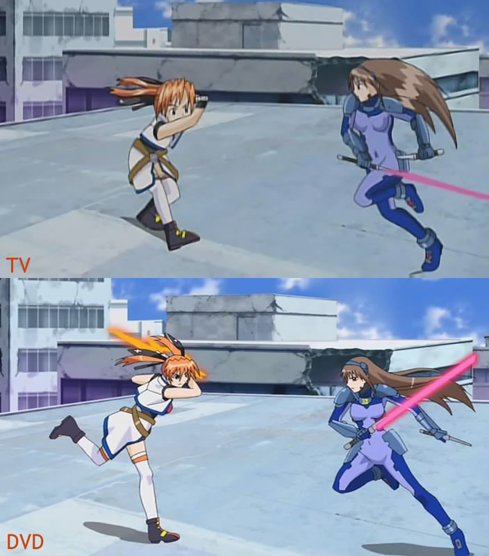 deed (nanoha), numbers (nanoha), teana lanster, lyrical nanoha, mahou shoujo lyrical nanoha, mahou shoujo lyrical nanoha strikers, dvd, anime screenshot, 00s, 2girls, comparison, multiple girls, quality, thighhighs