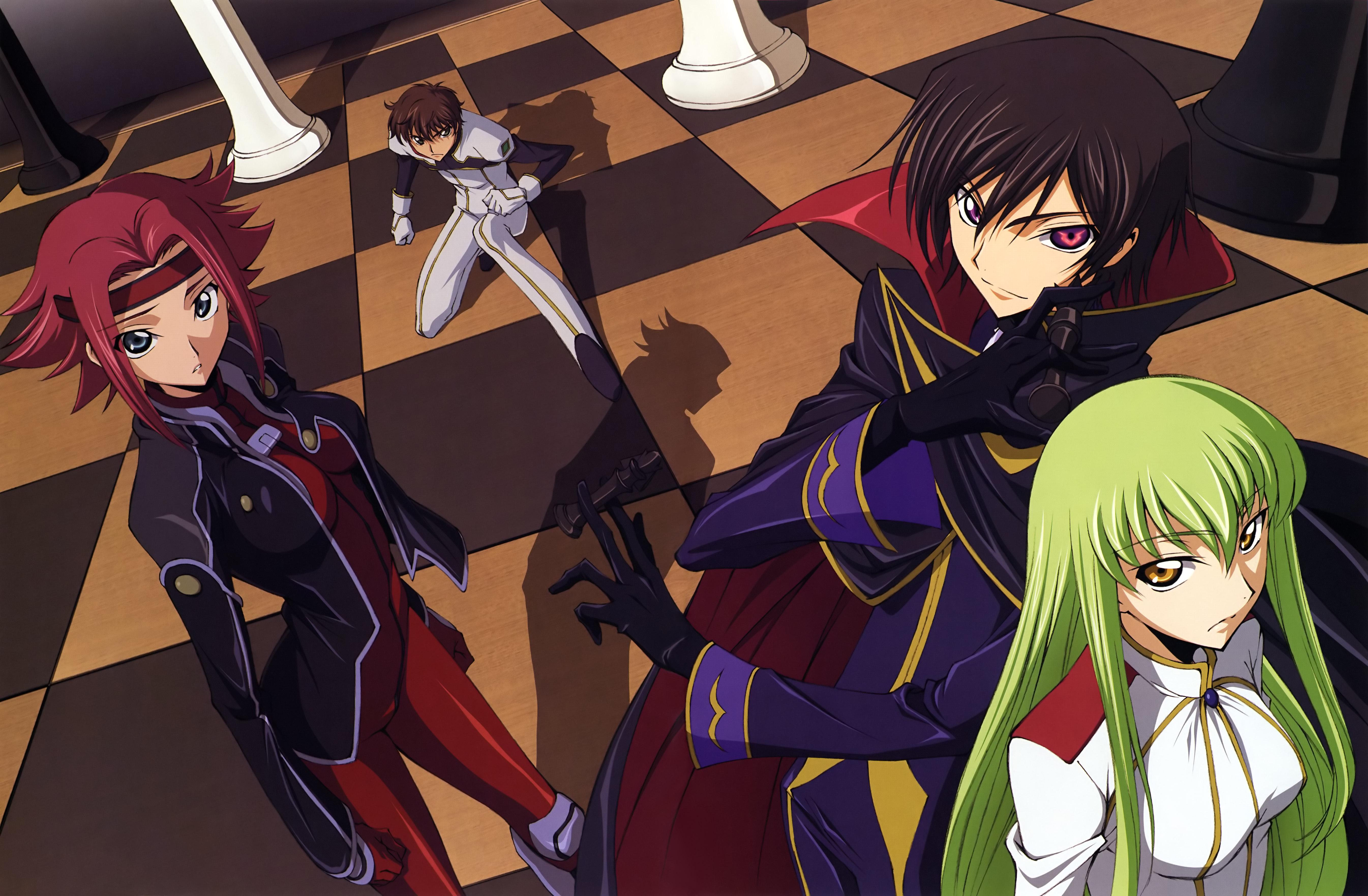 tabata hisayuki, c.c., kouzuki kallen, kururugi suzaku, lelouch vi britannia, code geass, absurdres, highres, scan, 00s, 2boys, 2girls, black hair, brown hair, gloves, green hair, headband, jacket, multiple boys, multiple girls, order of the black knights uniform, red hair, skin tight
