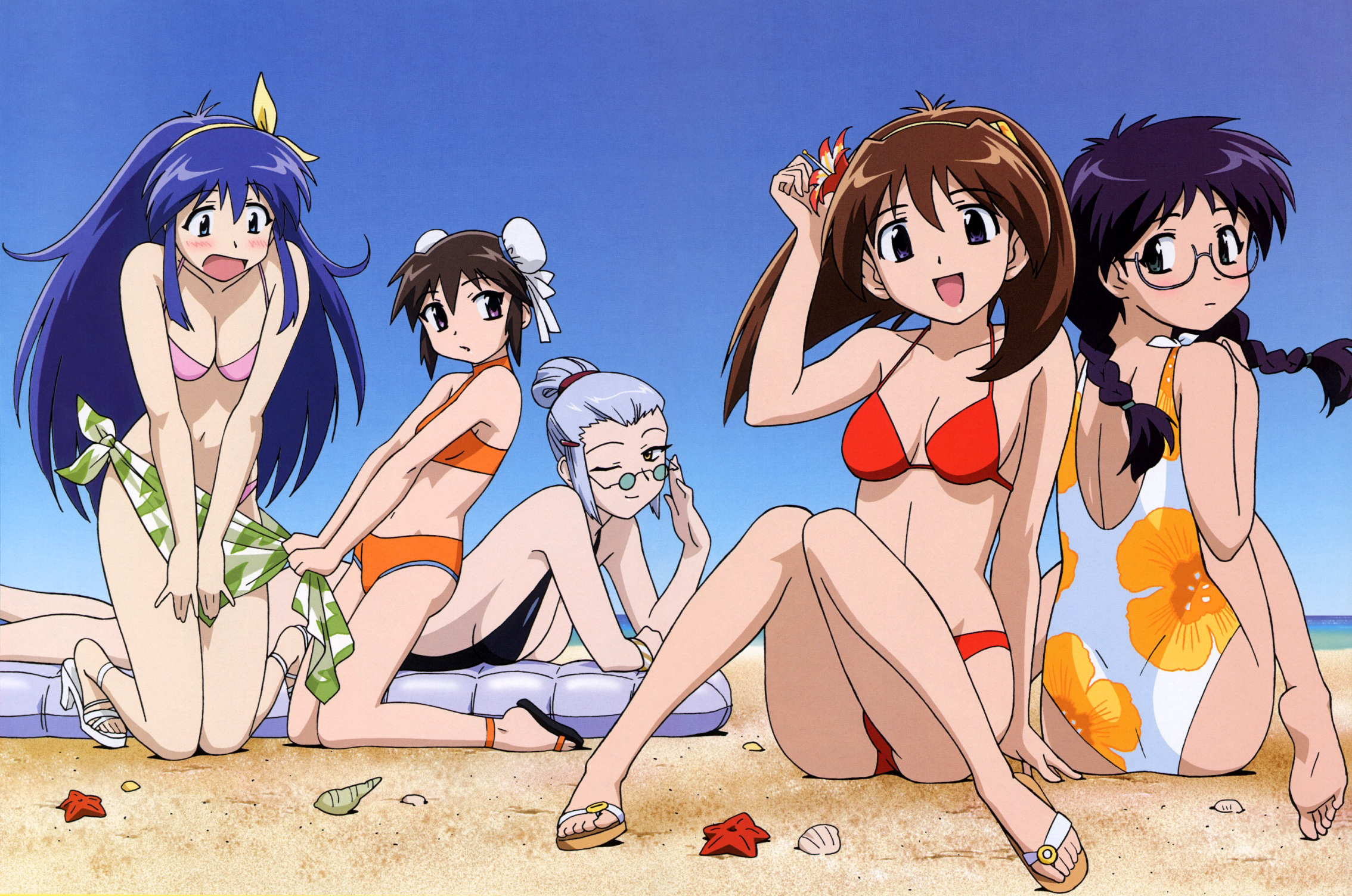 hirayama takaaki, bathyscaphe, haruna, nanase kanaka, nanase narue, yagi hajime, narue no sekai, silver hair, highres, official art, scan, 5girls, adjusting eyewear, animal print, aqua eyes, ass, back, barefoot, beach, bikini, black hair, blue eyes, blue hair, blush, bracelet, braid, breasts, brown hair, bun cover, casual one-piece swimsuit, cleavage, covering crotch, covering privates, day, double bun, embarrassed, feet, flat chest, flip-flops, floral print, flower, green-tinted eyewear, hair bun, hair flower, hair ornament, hairband, happy, high heels, inflatable raft, jewelry, kneeling, large breasts, legs, long hair, looking back, lying, multiple girls, on stomach, one-piece swimsuit, one eye closed, outdoors, ponytail, purple eyes, sandals, sarong, seashell, shell, shoes, short hair, sitting, sky, smile, soles, sports bikini, starfish, sunglasses, swimsuit, tiger print, tinted eyewear, twin braids, undressing, very long hair, water, wink, yellow eyes