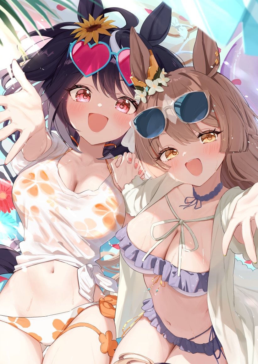 saboten mushi, kitasan black (umamusume), satono diamond (umamusume), umamusume, 2girls, :d, ahoge, animal ears, bikini, black hair, blush, breasts, brown hair, cleavage, eyewear on head, flower, frilled bikini, frills, hair flower, hair ornament, heart, heart-shaped eyewear, holding hands, horse ears, horse girl, horse tail, interlocked fingers, large breasts, long hair, looking at viewer, multiple girls, navel, open mouth, red eyes, shirt, smile, sunflower, sunglasses, swimsuit, tail, wet, wet clothes, wet shirt, white shirt