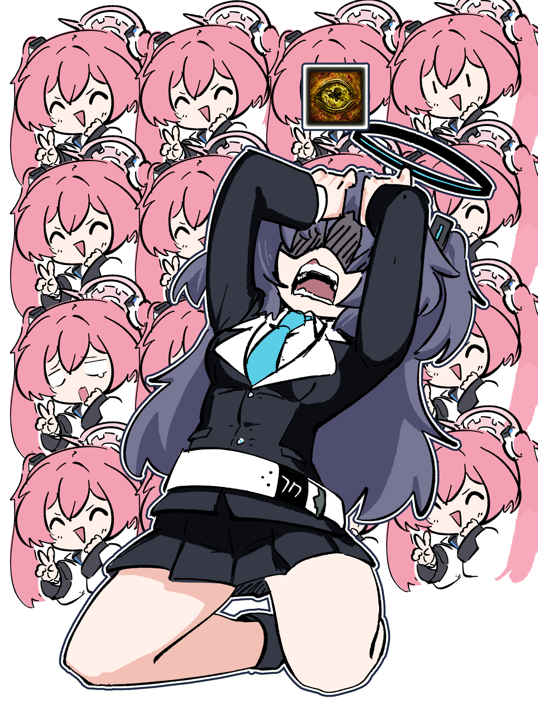 hexaa, koyuki (blue archive), yuuka (blue archive), blue archive, elden ring, absurdres, commentary, english commentary, highres, 2girls, :d, ^ ^, belt, black jacket, black skirt, blue archive 2025 hack, blue necktie, closed eyes, halo, hands up, jacket, kneeling, long sleeves, madness affliction (elden ring), miniskirt, multiple girls, necktie, open mouth, pink hair, pleated skirt, skirt, smile, twintails