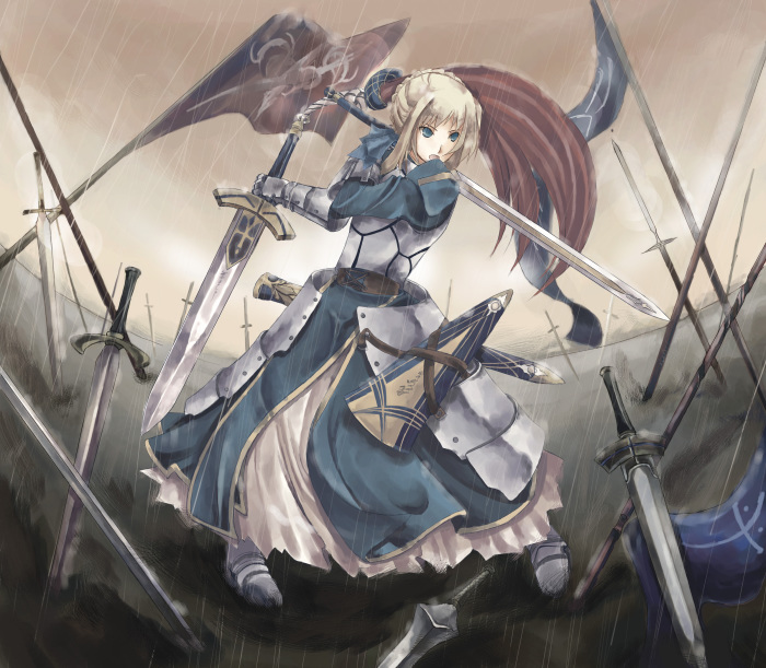 artoria pendragon (fate), saber (fate), fate/stay night, fate (series), 00s, armor, battlefield, blonde hair, field of blades, flag, green eyes, hair ribbon, rain, ribbon, solo, sword, weapon