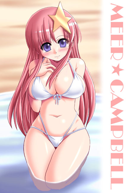 tonpuu, meer campbell, gundam, gundam seed, gundam seed destiny, 00s, 1girl, bikini, blush, breasts, curvy, female focus, hair ornament, hip focus, large breasts, long hair, pink hair, solo, star (symbol), star hair ornament, swimsuit, white bikini, wide hips