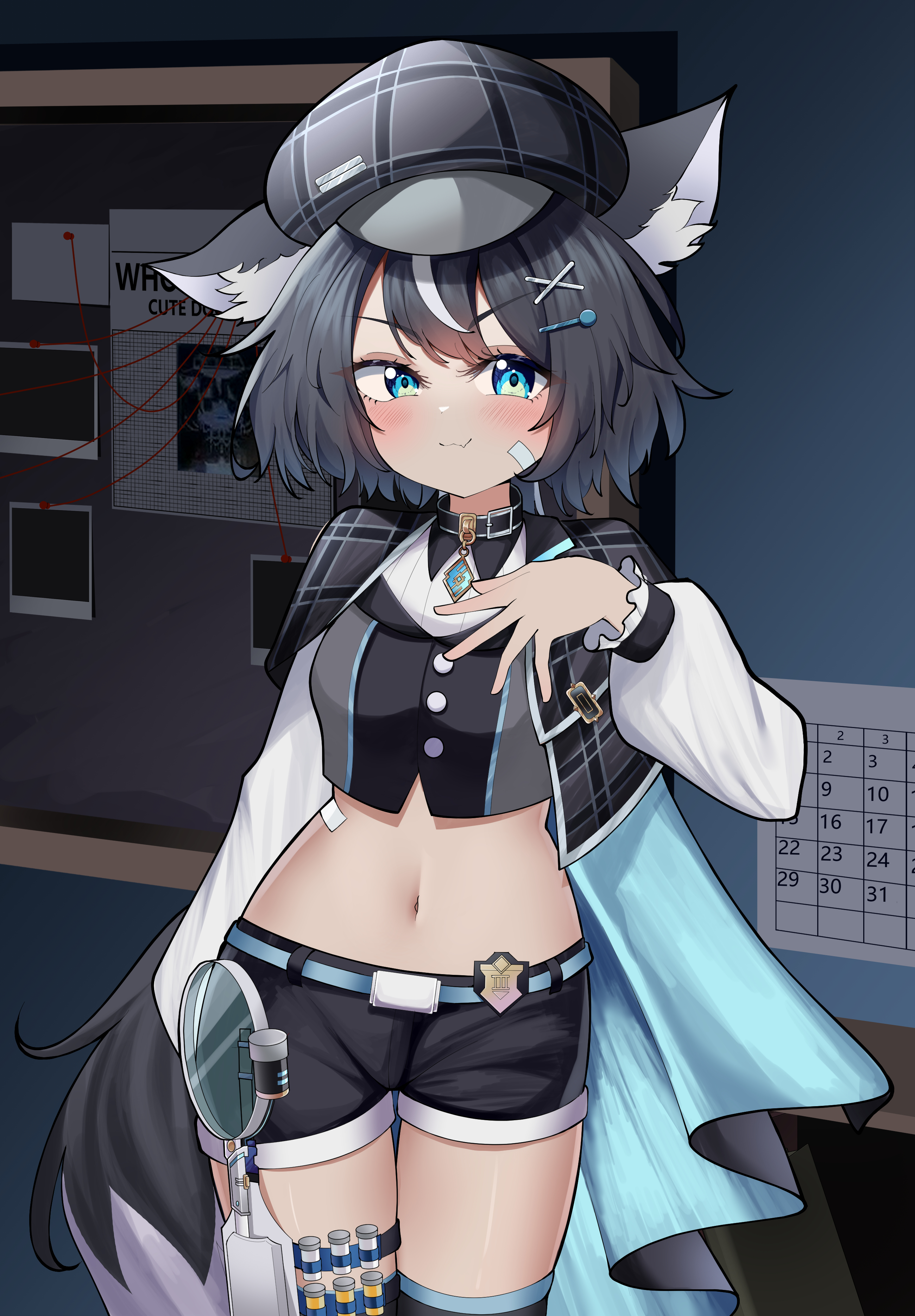 reqware, fangsie fido, variance project, commission, highres, 1girl, animal ear fluff, animal ears, badge, bandaid, bandaid on face, belly, black hair, blue eyes, blush, blush stickers, breasts, cloak, closed mouth, coat, dog ears, dog tail, fang, hair ornament, hairclip, hat, indoors, jewelry, magnifying glass, navel, pants, shirt, short hair, shorts, smile, smug, solo, standing, tail, thighs, virtual youtuber