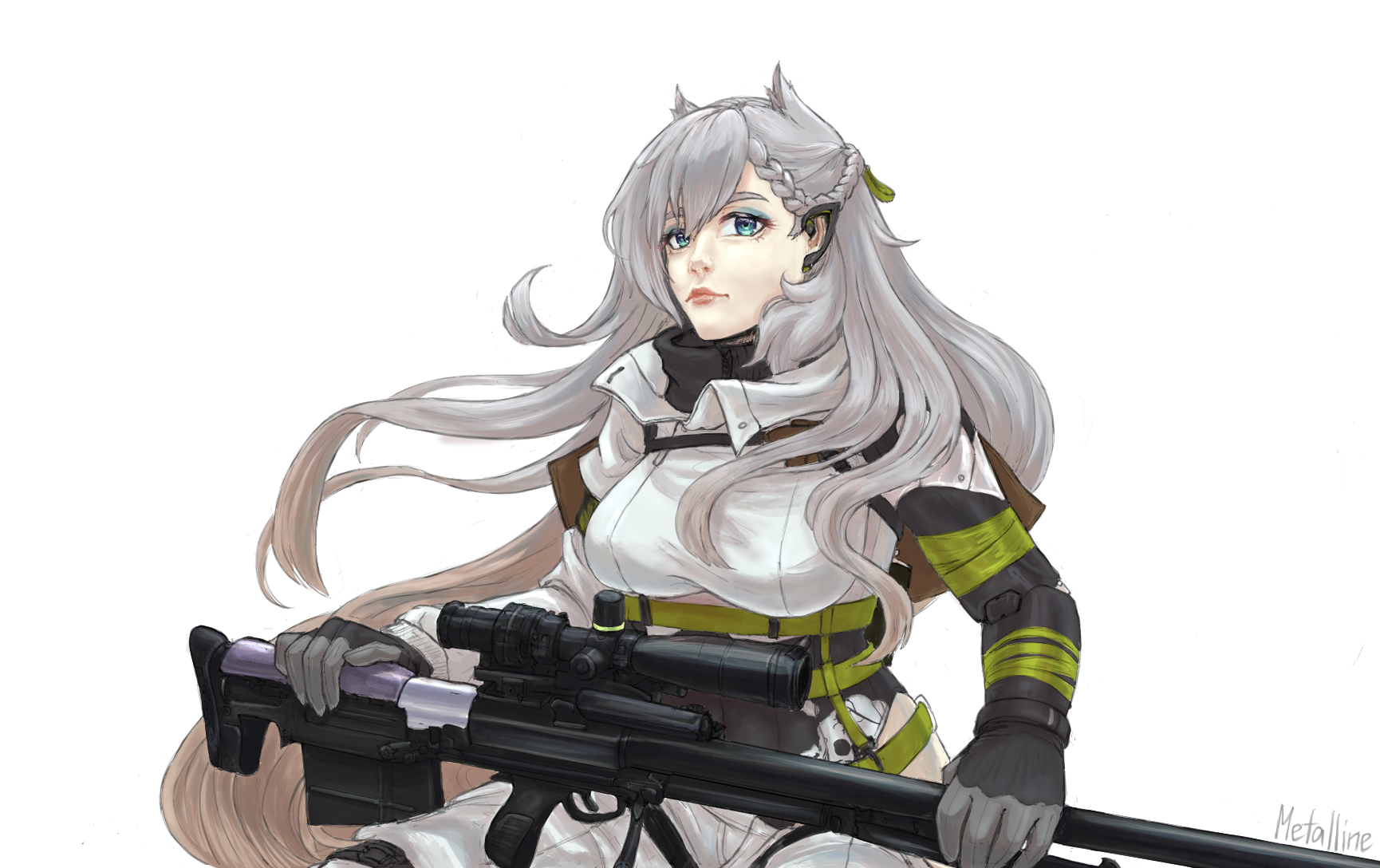 metalline infernal, ksvk (girls' frontline), girls' frontline, highres, 1girl, anti-materiel rifle, artist name, belt, black leotard, blue eyes, bow, breasts, bullpup, green belt, green bow, grey hair, gun, hair between eyes, jacket, large breasts, leotard, long hair, mechanical arms, pants, ribbed leotard, rifle, scope, simple background, sitting, sniper rifle, thigh strap, very long hair, weapon, white jacket, white pants