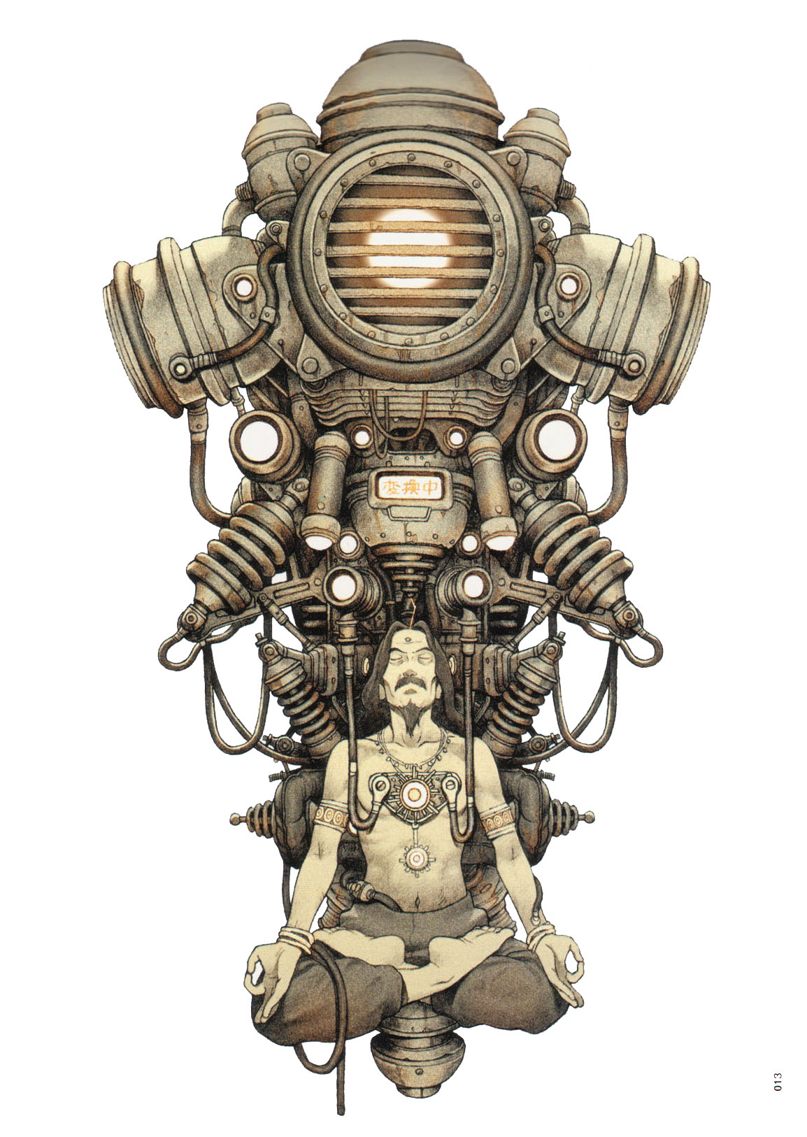 tanaka tatsuyuki, highres, 1boy, beard, black hair, closed eyes, facial hair, indian style, jewelry, long hair, machine, male focus, necklace, sitting, solo, steampunk, topless male, white background