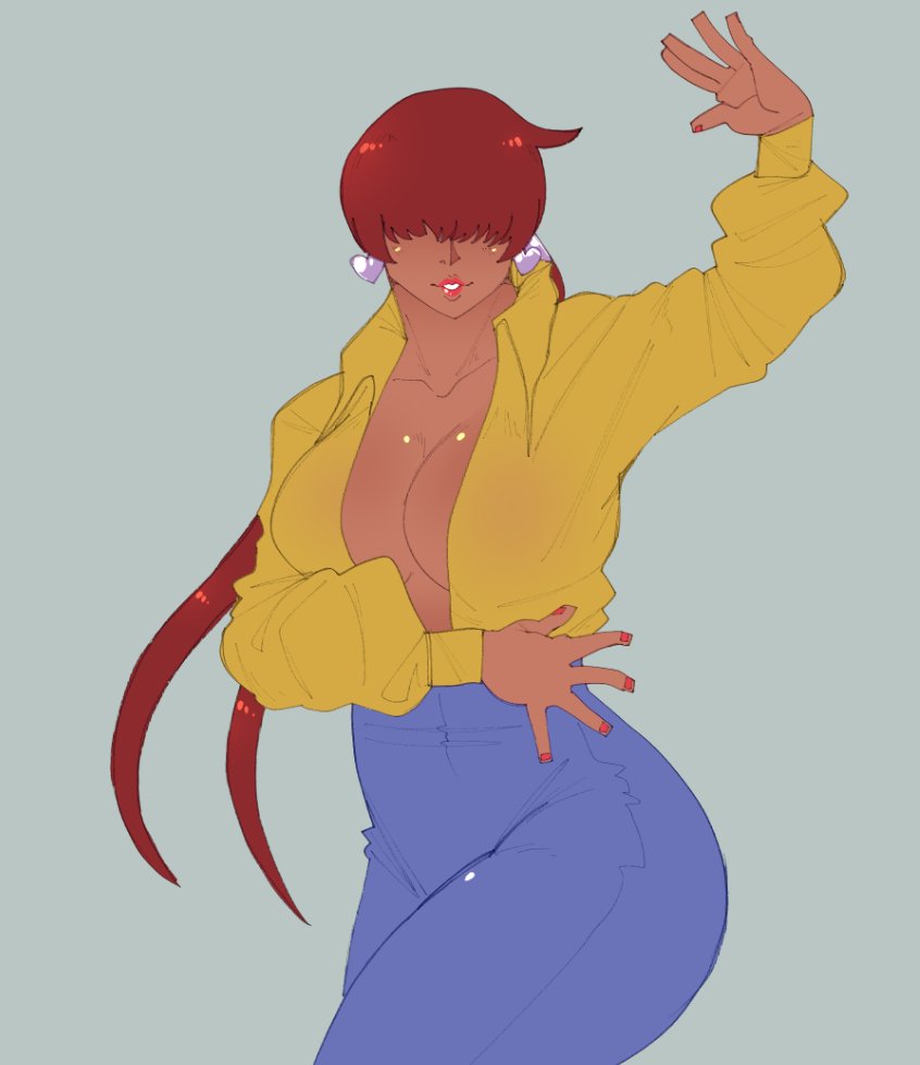 1shermieaday, shermie (kof), the king of fighters, 1girl, ass, breasts, dark-skinned female, dark skin, earrings, female focus, hand up, heart, huge ass, huge breasts, jewelry, large breasts, long hair, long sleeves, marellartt, no bra, open clothes, ponytail, red hair, shirt, standing, tan, thick thighs, thighs, twintails, wide hips