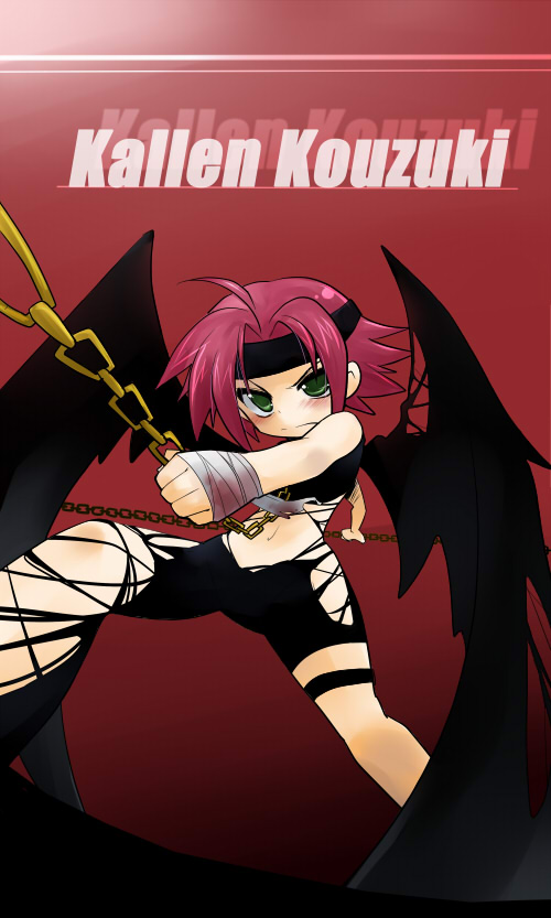 kajikawa yahiro, kouzuki kallen, code geass, 00s, 1girl, asymmetrical legwear, bandaged hand, bandages, bare shoulders, bat wings, black thighhighs, chain, female focus, green eyes, looking at viewer, red hair, short hair, single thighhigh, solo, standing, thigh strap, thighhighs, uneven legwear, wings