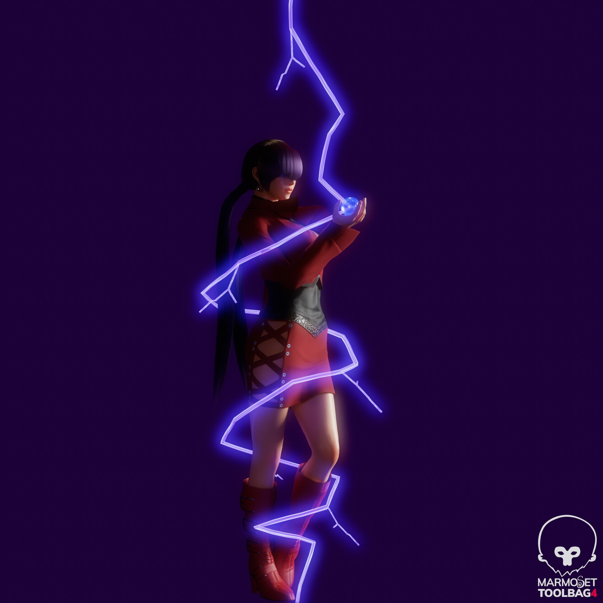 orochi shermie, shermie (kof), the king of fighters, 1girl, boots, breasts, dress, earrings, electricity, female focus, fishnets, h m z, hand up, jacket, jewelry, long hair, long sleeves, ponytail, purple hair, skirt, standing, thighs, thunder, twintails, wide hips