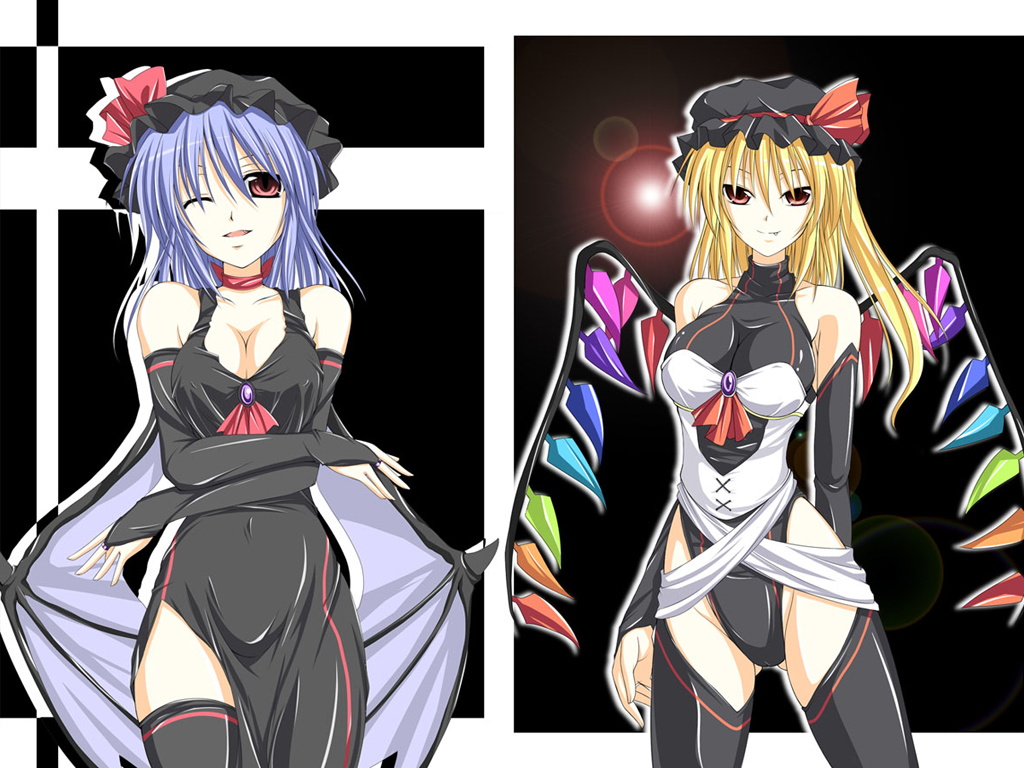 kirisaki byakko, flandre scarlet, remilia scarlet, touhou, third-party edit, 2girls, aged up, bat wings, blonde hair, blue hair, breasts, cameltoe, elbow gloves, fang, female focus, gloves, lens flare, long hair, multiple girls, one eye closed, red eyes, siblings, sisters, thighhighs, vampire, wings, wink