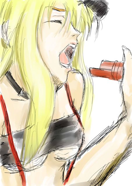 uta yasuwara, sheryl nome, macross, macross frontier, 00s, 1girl, bandeau, blonde hair, breasts, choker, closed eyes, female focus, hat, medium breasts, microphone, music, open mouth, peaked cap, sexually suggestive, singing, sketch, solo, strapless, suspenders, tube top, underboob