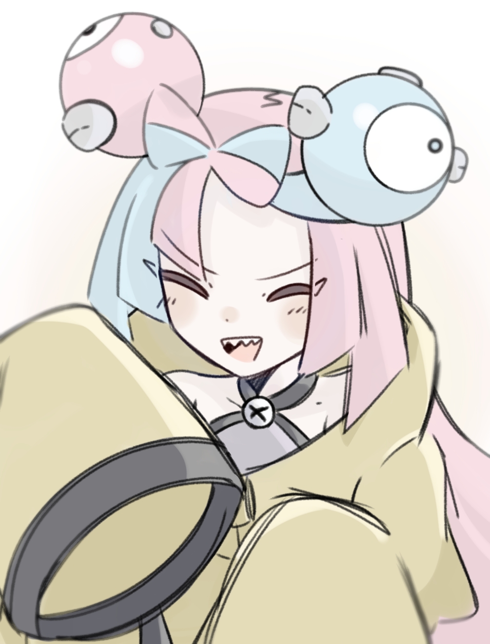 iono (pokemon), nintendo, pokemon, pokemon sv, commentary request, highres, 1girl, :d, bow-shaped hair, character hair ornament, closed eyes, grey shirt, hair ornament, happy, jacket, long sleeves, open mouth, shirt, siosato 4213, sleeveless, sleeveless shirt, sleeves past fingers, sleeves past wrists, smile, solo, teeth, upper body, upper teeth only, white background, yellow jacket