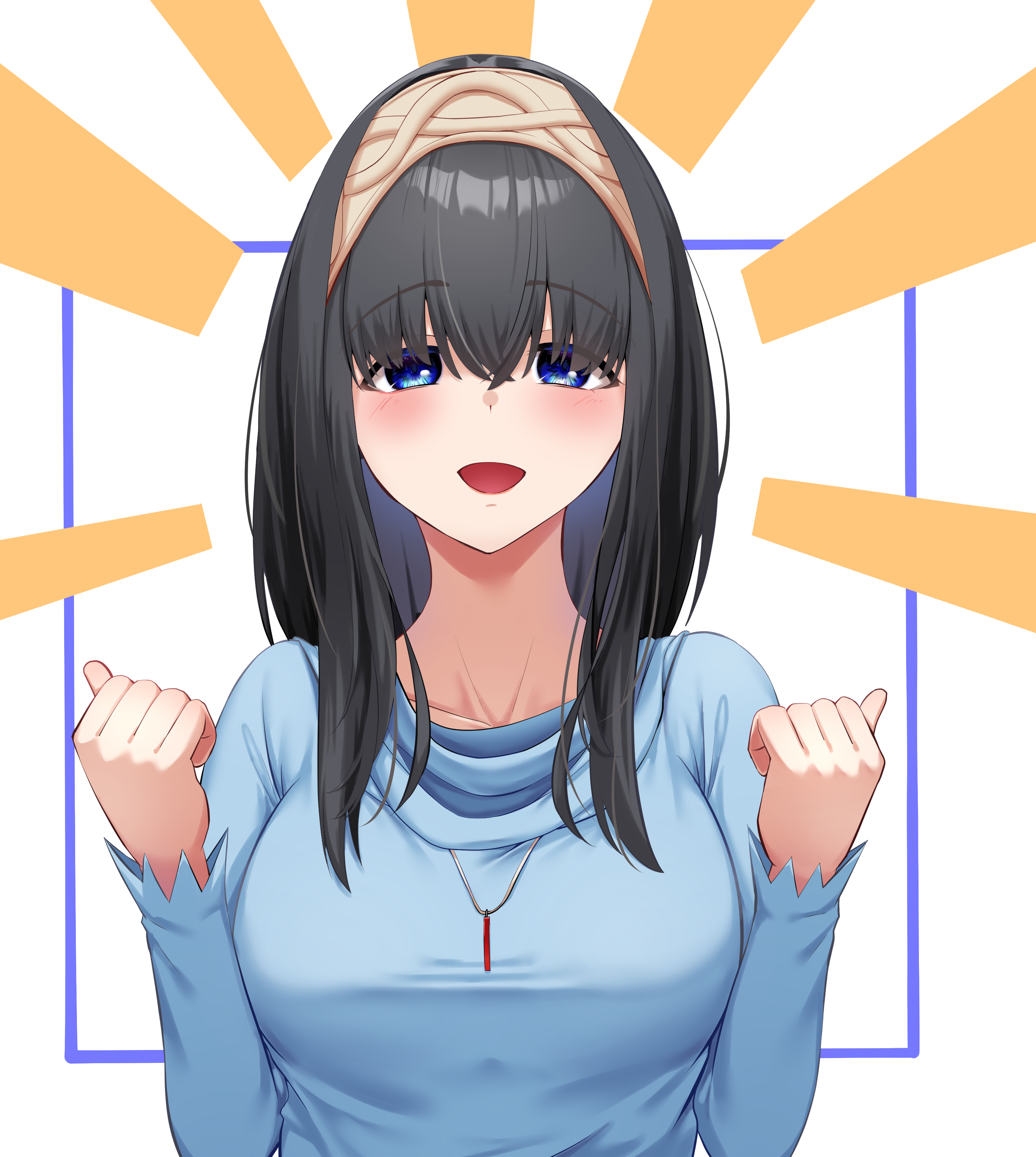 tori (2020toryiu), sagisawa fumika, idolmaster, idolmaster cinderella girls, absurdres, highres, 1girl, :d, black hair, blue border, blue eyes, blue sweater, blush, border, breasts, brown hairband, collarbone, hair between eyes, hairband, jewelry, large breasts, looking at viewer, medium hair, necklace, open mouth, smile, solo, sweater, white background