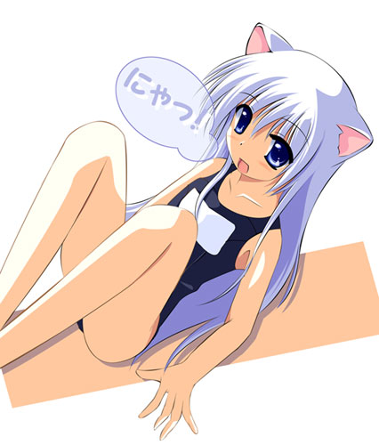 lowres, 1girl, animal ears, black one-piece swimsuit, blue eyes, cat ears, female focus, name tag, one-piece swimsuit, school swimsuit, solo, swimsuit