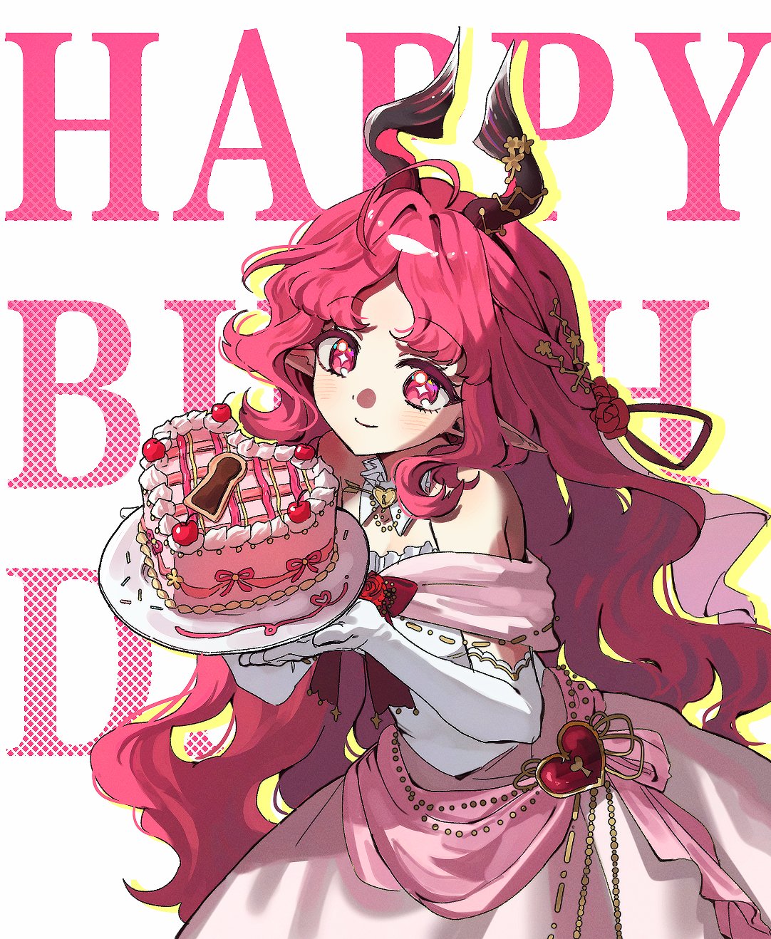 om0mg, nymph (arknights), arknights, highres, 1girl, antenna hair, bare shoulders, blush, bright pupils, cake, closed mouth, detached collar, diamond-shaped pupils, diamond (shape), dress, elbow gloves, english text, food, from side, gloves, holding, holding plate, horns, jewelry, long hair, pink eyes, pink hair, plate, pointy ears, simple background, sleeveless, solo, strapless, strapless dress, symbol-shaped pupils, upper body, very long hair, white dress, white gloves